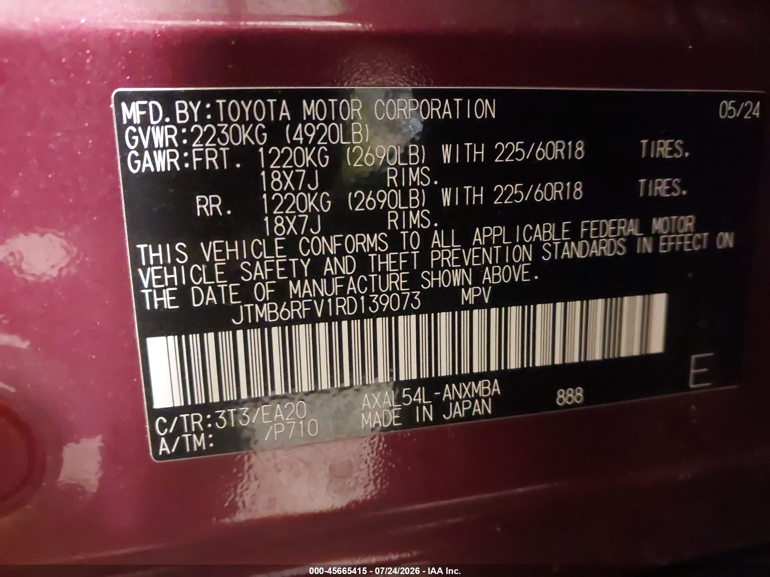 2024 Toyota RAV4 Hybrid VIN JTMB6RFV1RD139073 IAAI salvage auction — Front End, Salvage (North Carolina), sold $14,400 on 2026-09-23 (photo 9)