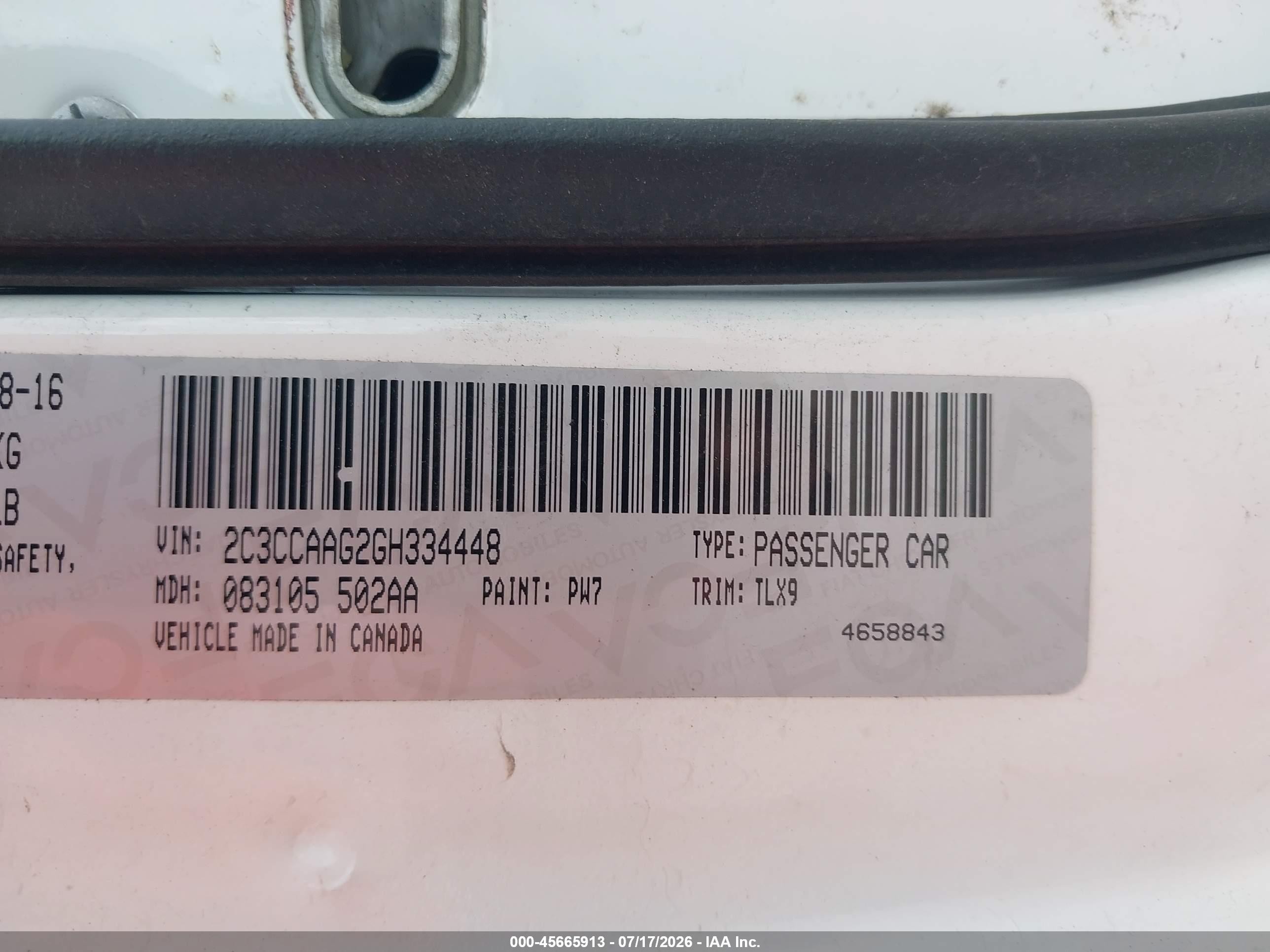 2016 Chrysler 300 VIN 2C3CCAAG2GH334448 IAAI salvage auction — Water/Flood, Original (Texas), sold $1,400 on 2026-09-09 (photo 9)
