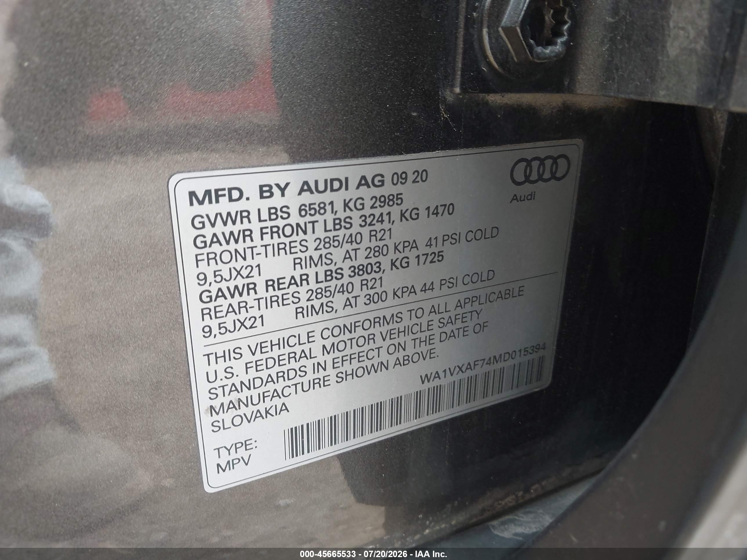 2021 Audi Q7 VIN WA1VXAF74MD015394 IAAI salvage auction — Front & Rear, Salvage (Illinois), sold $9,400 on 2026-09-13 (photo 9)