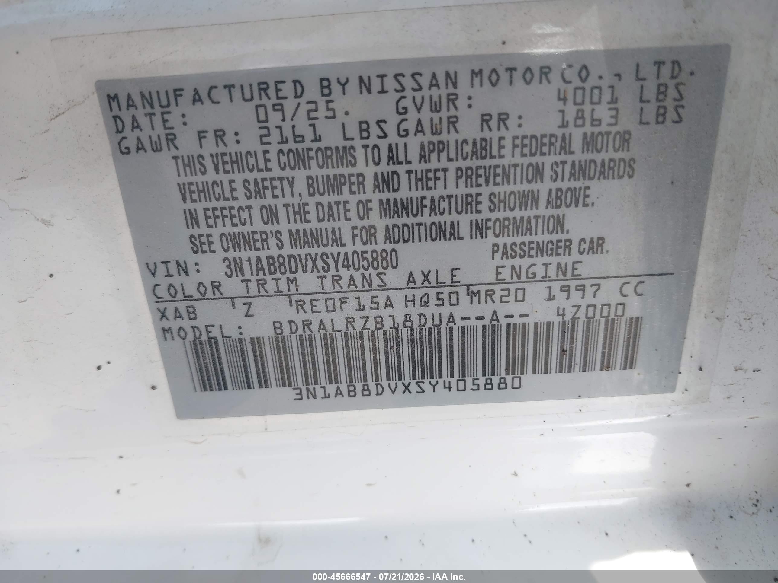 2025 Nissan Sentra VIN 3N1AB8DVXSY405880 IAAI salvage auction — Front End, Original (Texas), sold $4,650 on 2026-09-24 (photo 9)