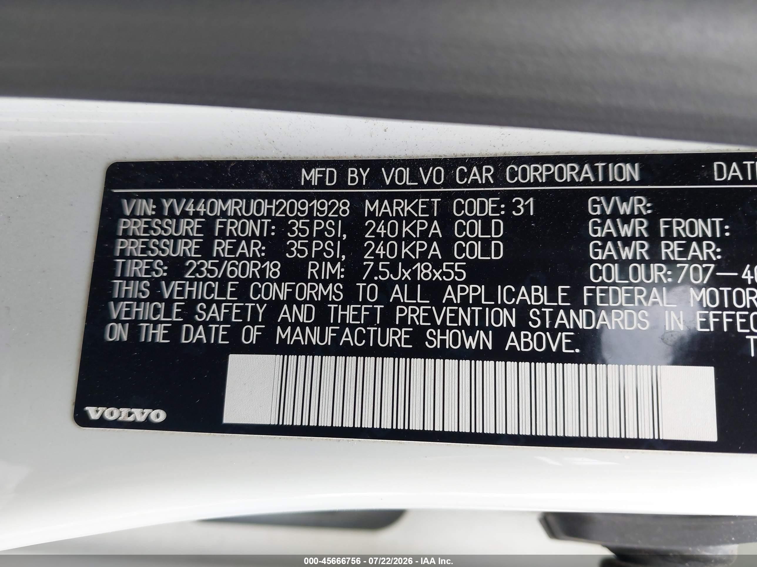 2017 Volvo XC60 VIN YV440MRU0H2091928 IAAI salvage auction — Front End, Salvage (Rhode Island), sold $3,250 on 2026-09-11 (photo 9)