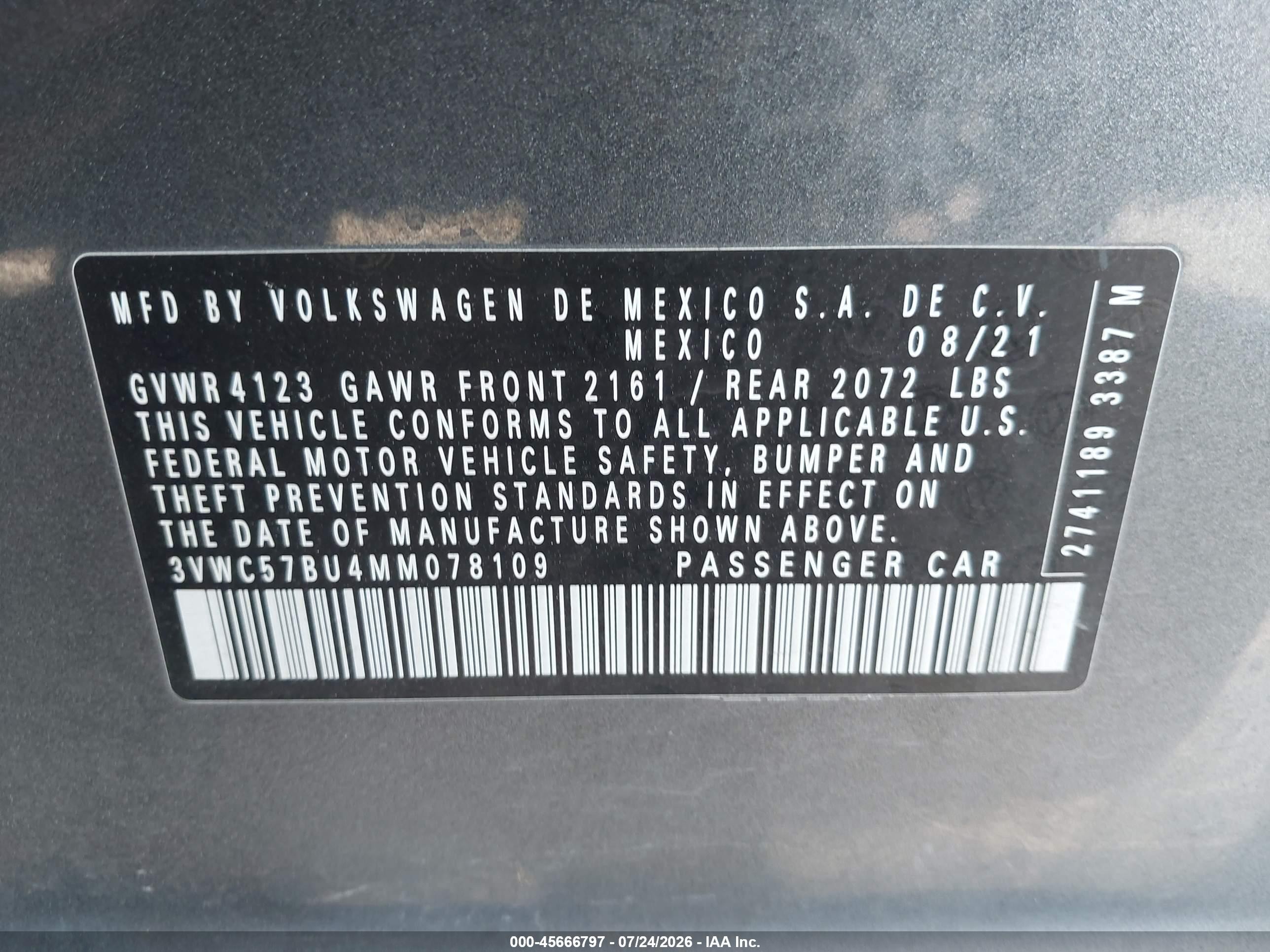 2021 Volkswagen Jetta VIN 3VWC57BU4MM078109 IAAI salvage auction — Rear End, Salvage Certificate (California), sold $3,900 on 2026-09-13 (photo 9)