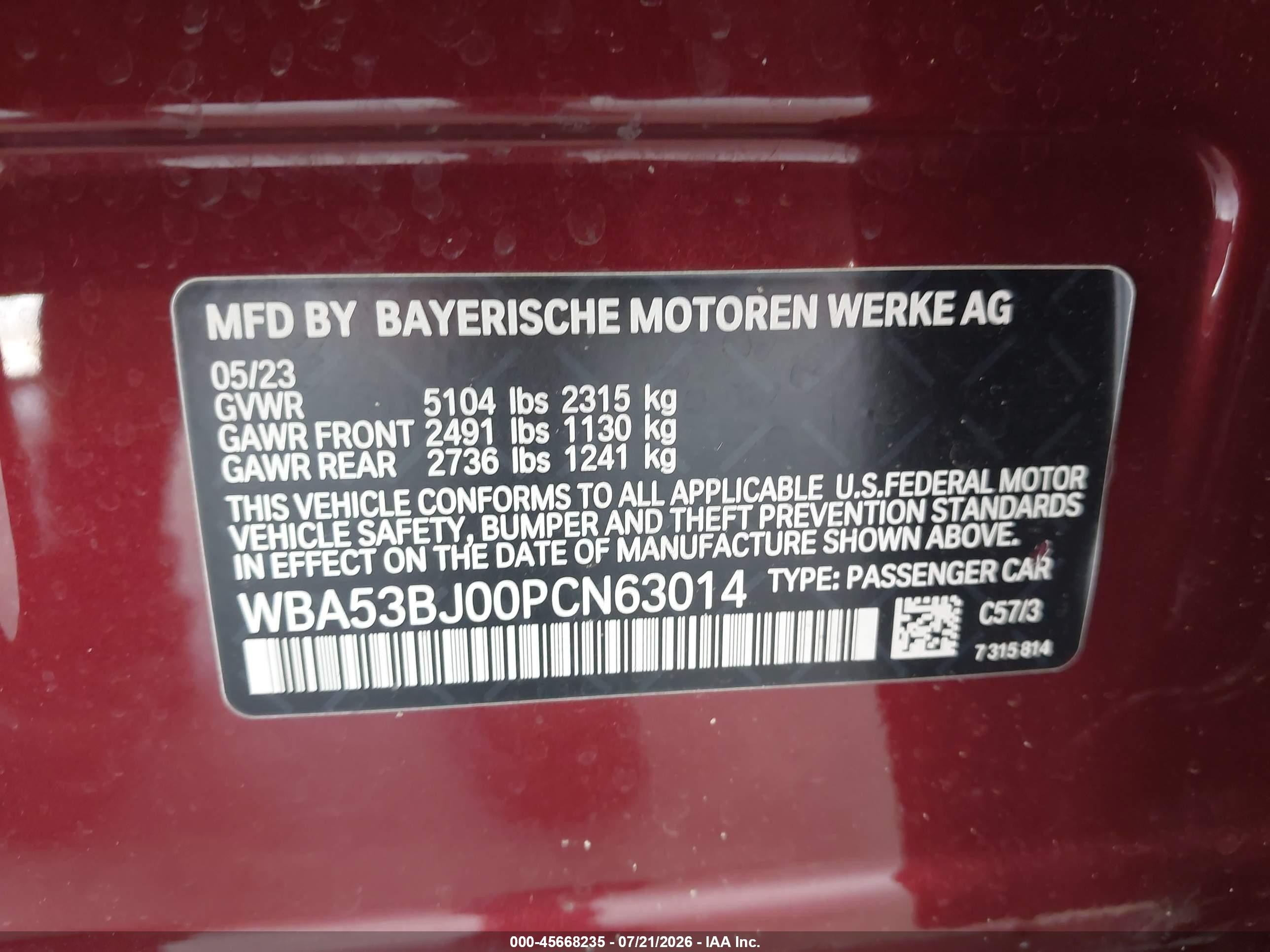2023 BMW 5er VIN WBA53BJ00PCN63014 IAAI salvage auction — Front & Rear, Rebuildable (Florida), sold $15,750 on 2026-09-09 (photo 9)