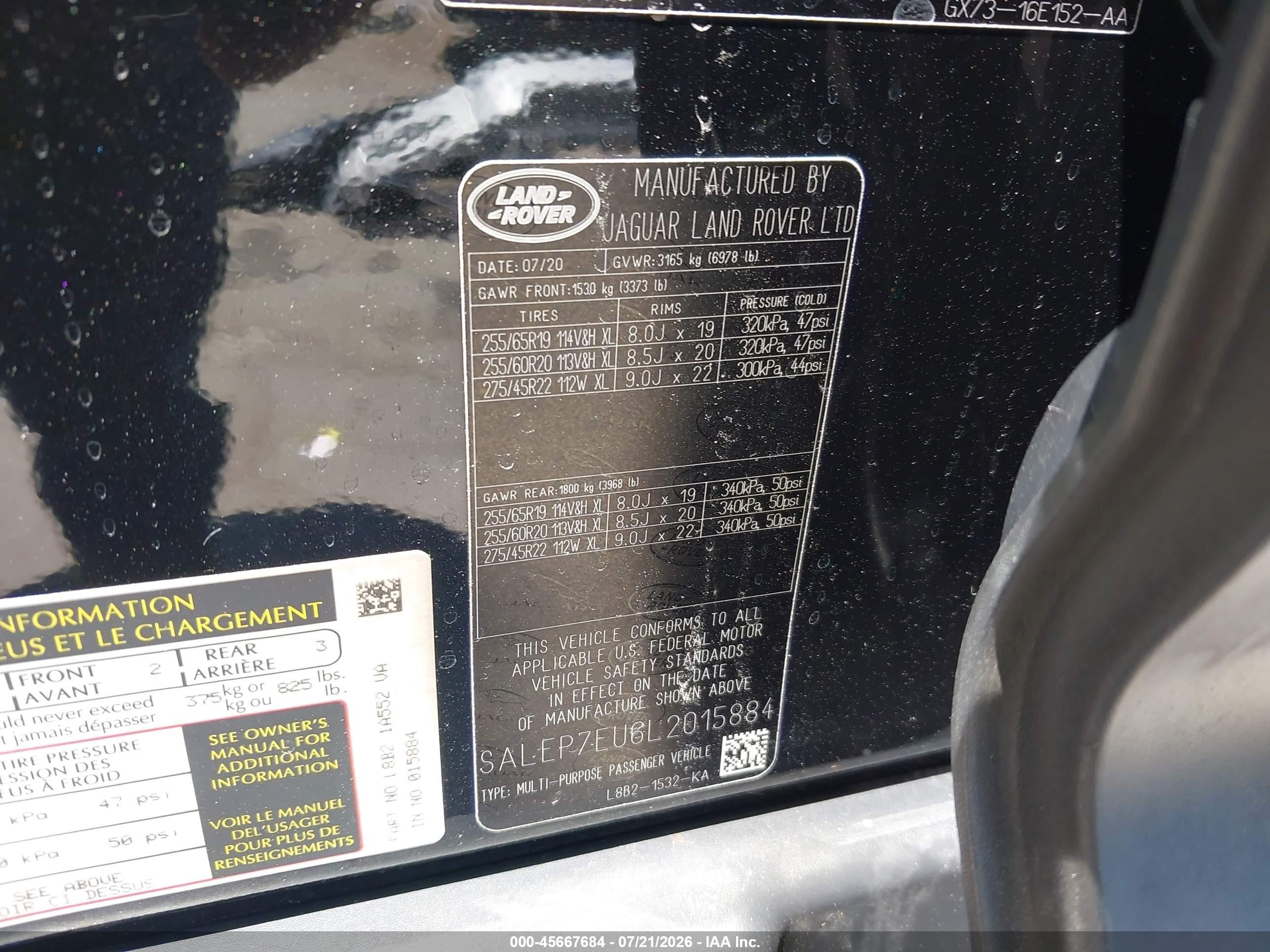 2020 Land Rover Defender VIN SALEP7EU6L2015884 IAAI salvage auction — Front End, Salvage (California), sold $28,250 on 2026-08-23 (photo 9)