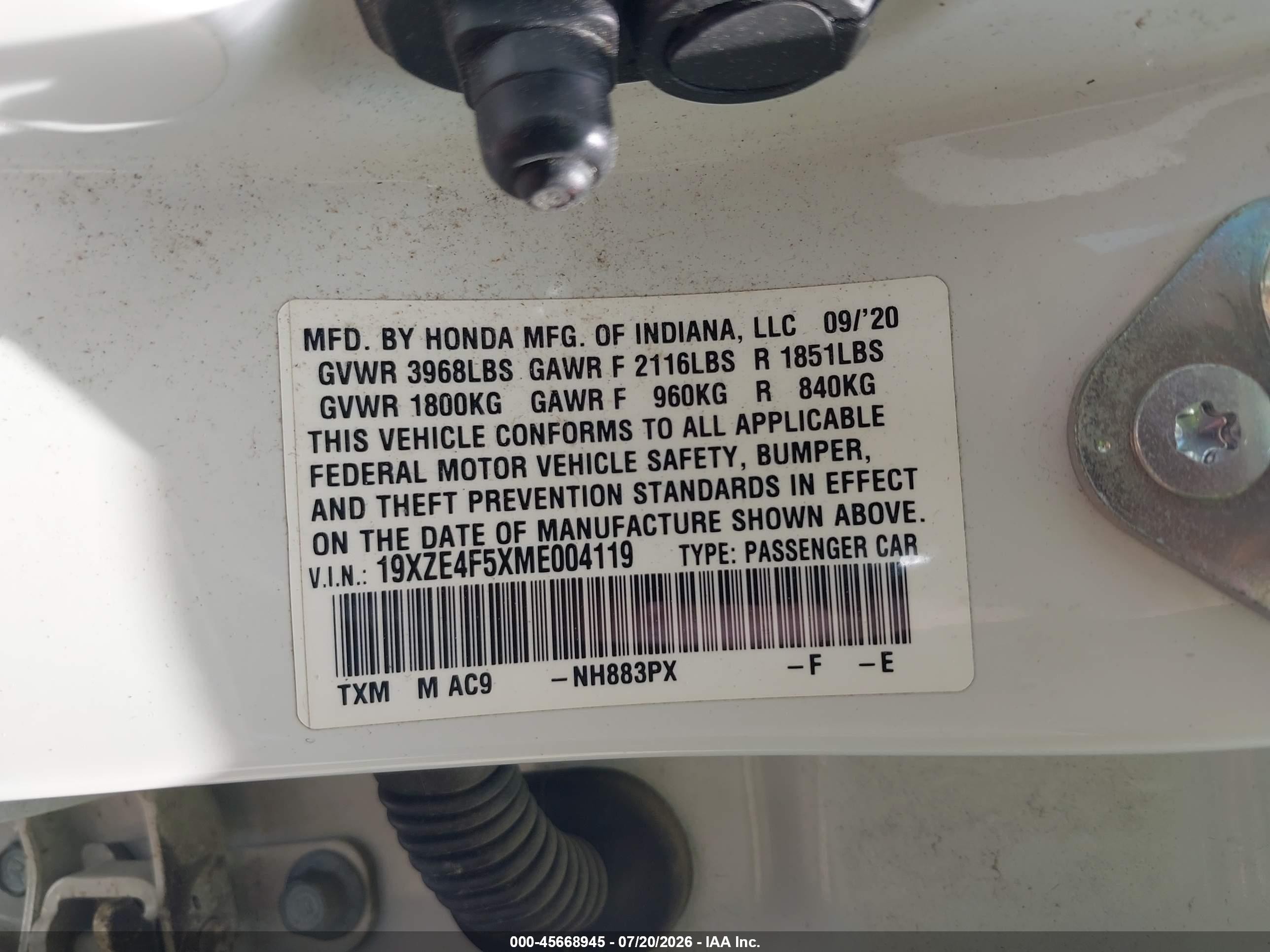 2021 Honda Insight VIN 19XZE4F5XME004119 IAAI salvage auction — Front End, Salvage (Pennsylvania), sold $3,025 on 2026-09-09 (photo 9)