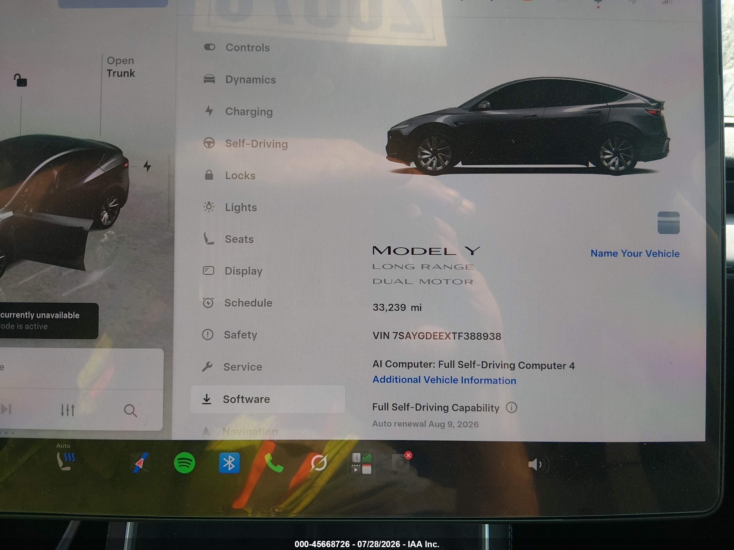2026 Tesla Model y VIN 7SAYGDEEXTF388938 IAAI salvage auction — Side, Salvage (Idaho), sold $25,250 on 2026-10-08 (photo 7)