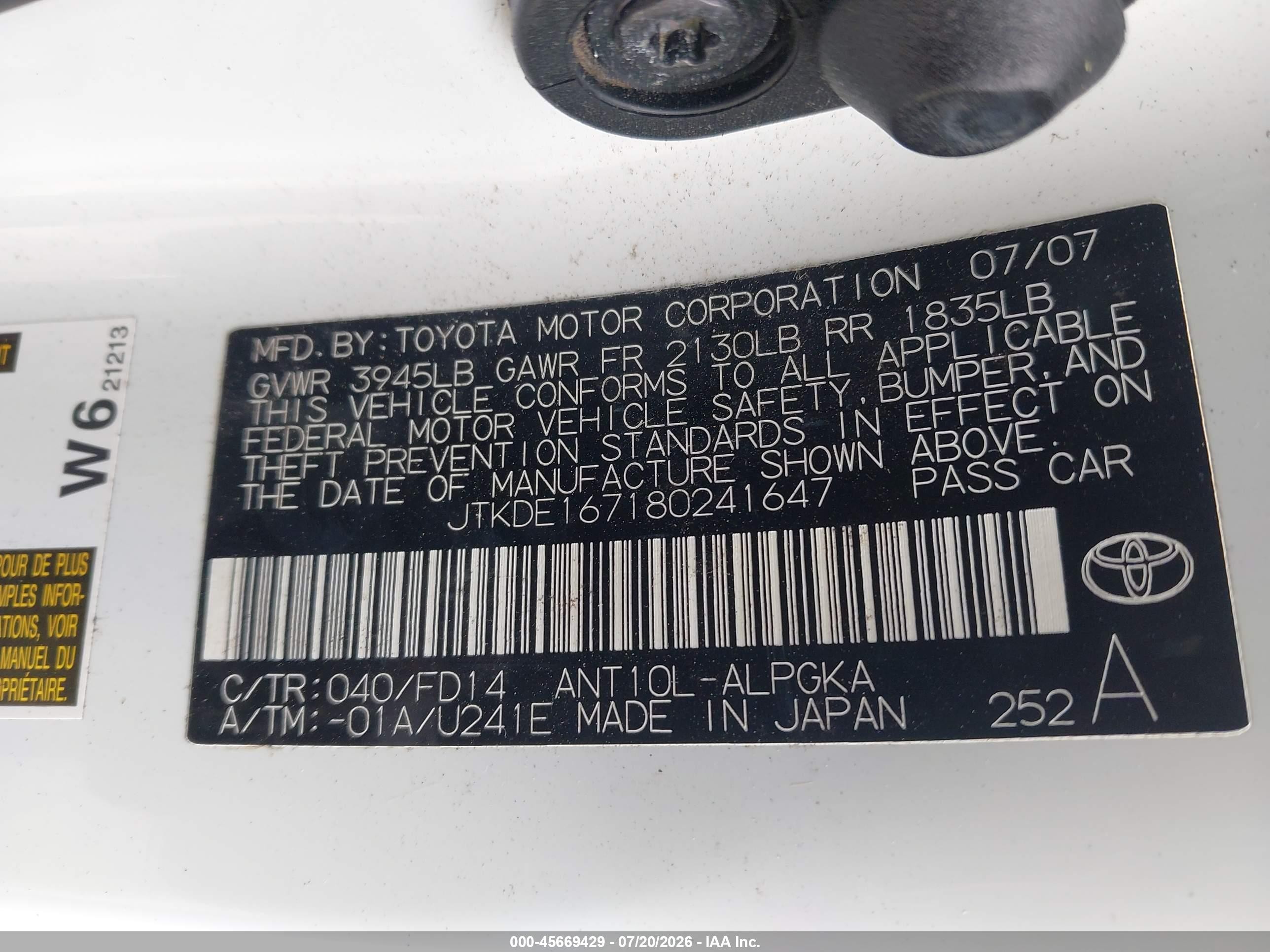 2008 Scion Tc VIN JTKDE167180241647 IAAI salvage auction — Rear End, Salvage (California), sold $1,000 on 2026-09-11 (photo 9)
