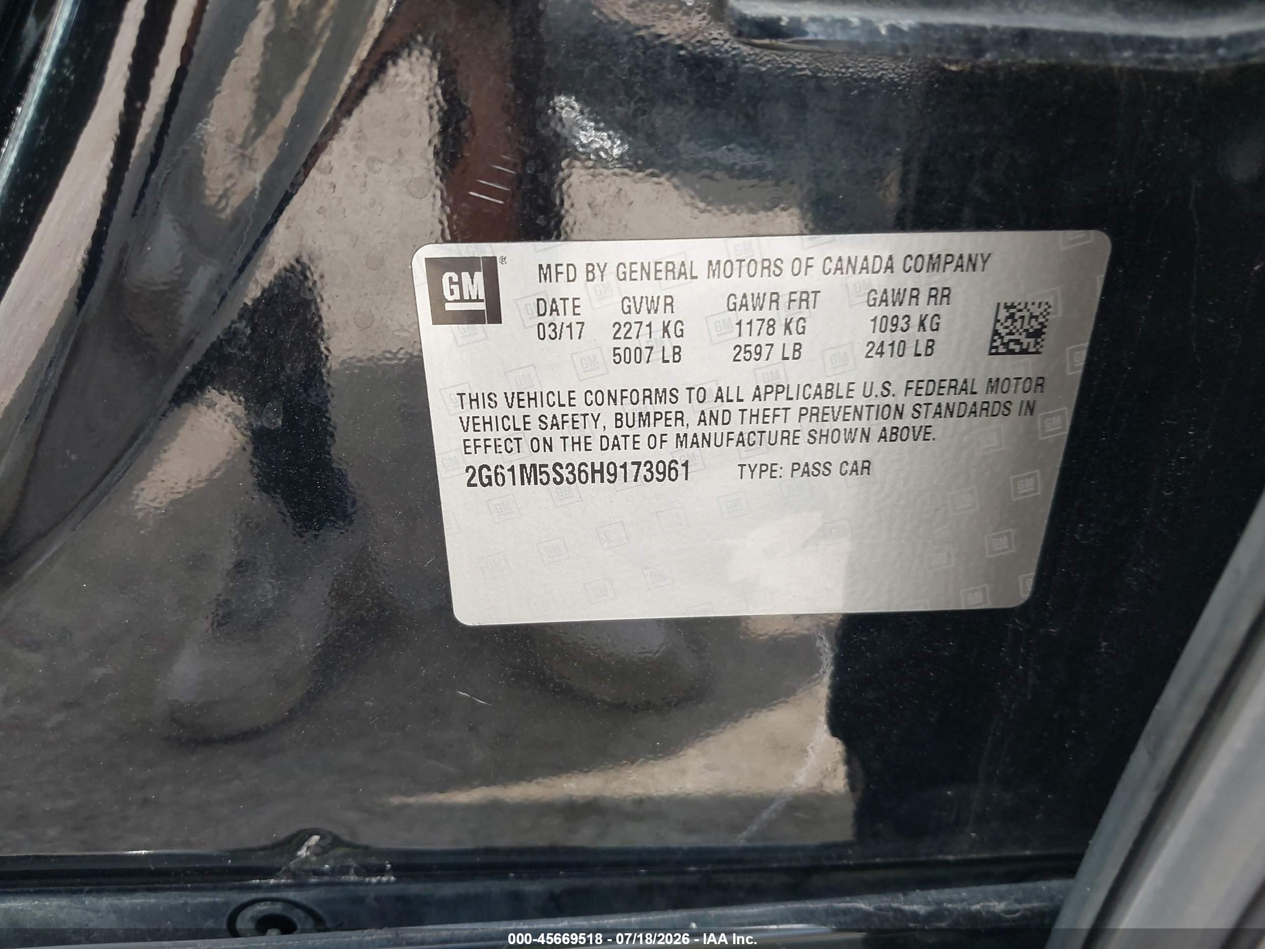 2017 Cadillac Xts VIN 2G61M5S36H9173961 IAAI salvage auction — Front End, Original (Texas), sold $1,500 on 2026-09-22 (photo 9)