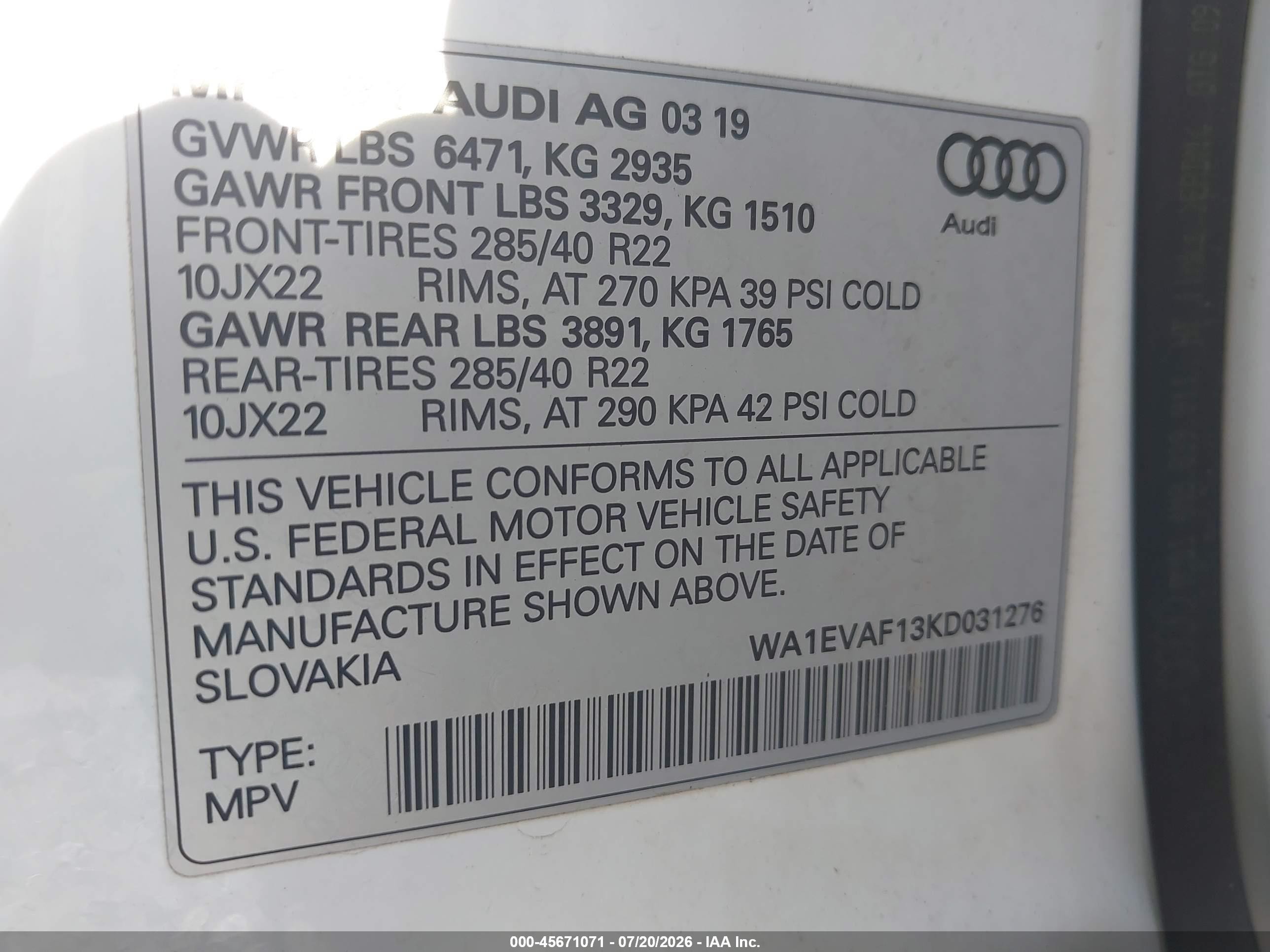 2019 Audi Q8 VIN WA1EVAF13KD031276 IAAI salvage auction — Front End, Mv-907A (New York), sold $12,650 on 2026-09-10 (photo 9)