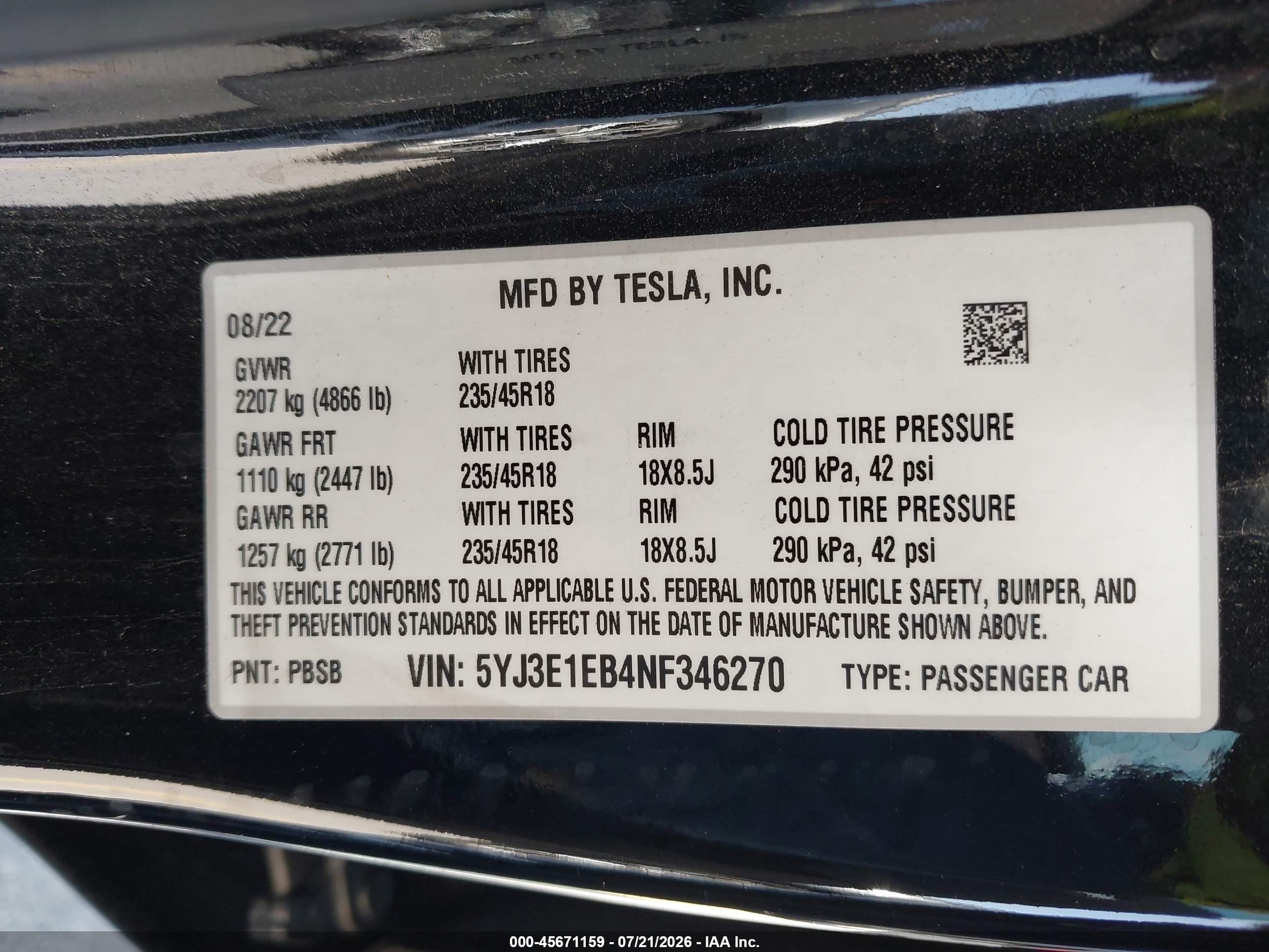 2022 Tesla Model 3 VIN 5YJ3E1EB4NF346270 IAAI salvage auction — Front End, Salvage (Texas), sold $5,200 on 2026-10-05 (photo 9)