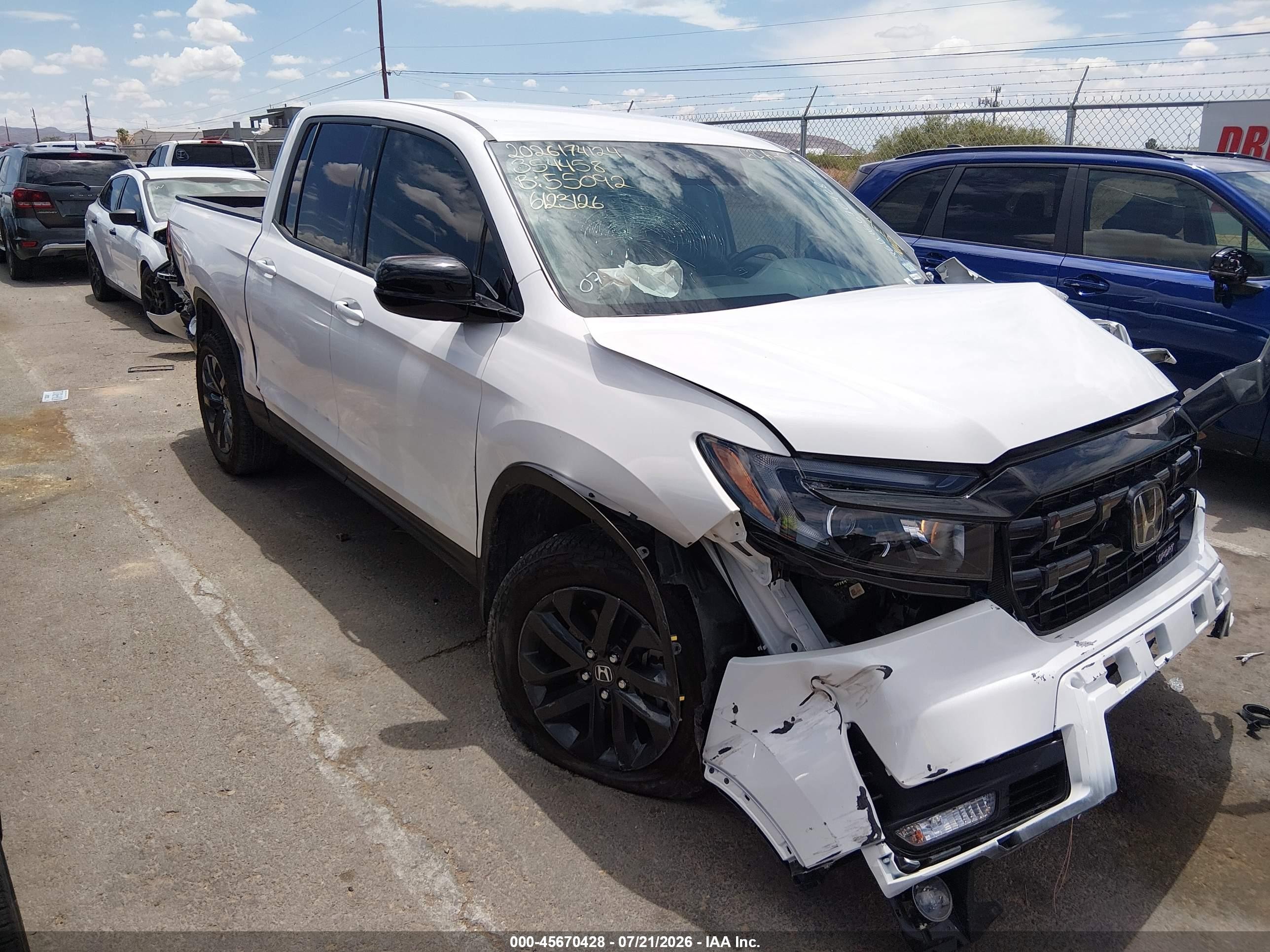 2025 Honda Ridgeline VIN 5FPYK3F12SB019451 IAAI salvage auction — Front & Rear, Salvage (Texas), sold $1,425 on 2026-09-16 (photo 1)