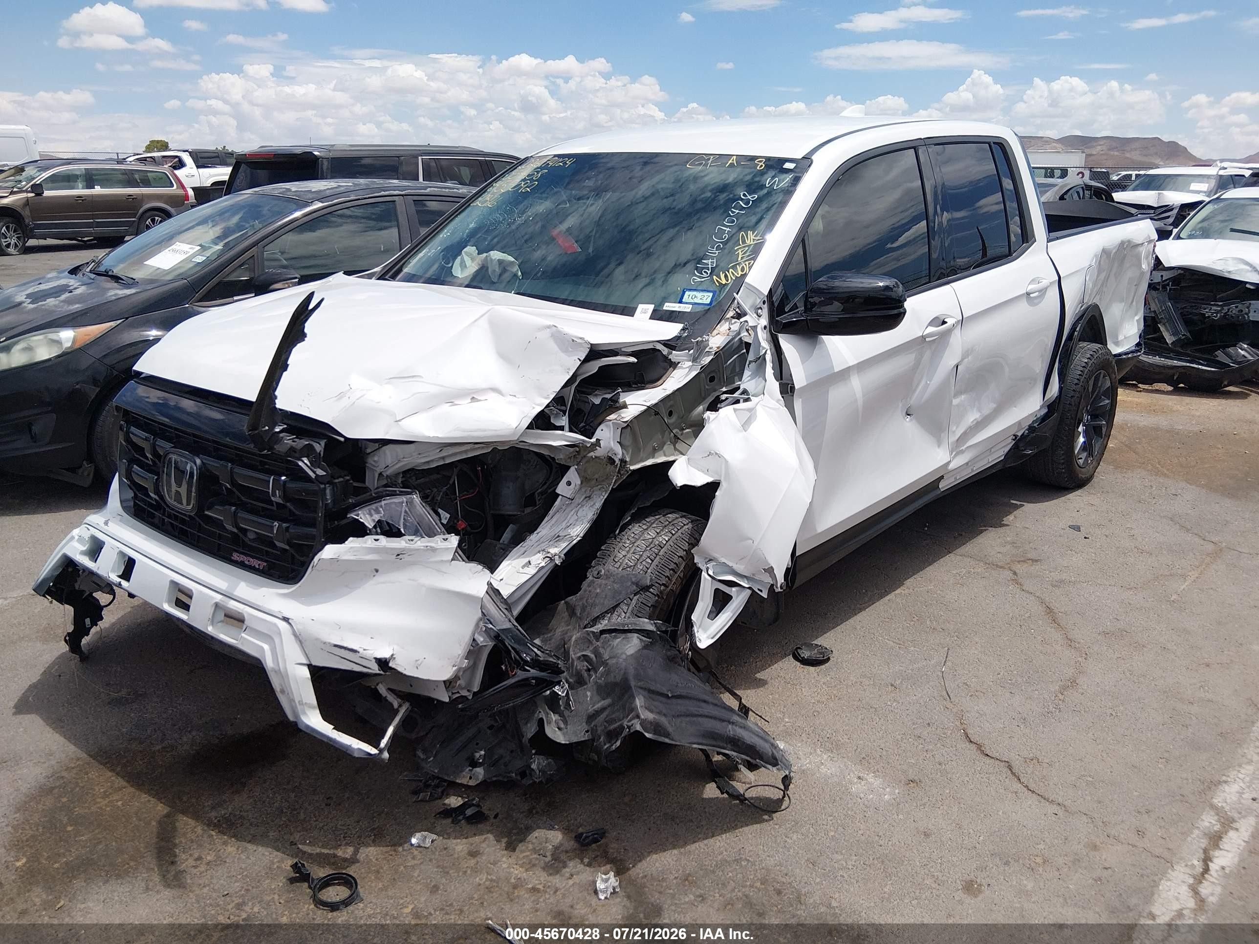 2025 Honda Ridgeline VIN 5FPYK3F12SB019451 IAAI salvage auction — Front & Rear, Salvage (Texas), sold $1,425 on 2026-09-16 (photo 2)