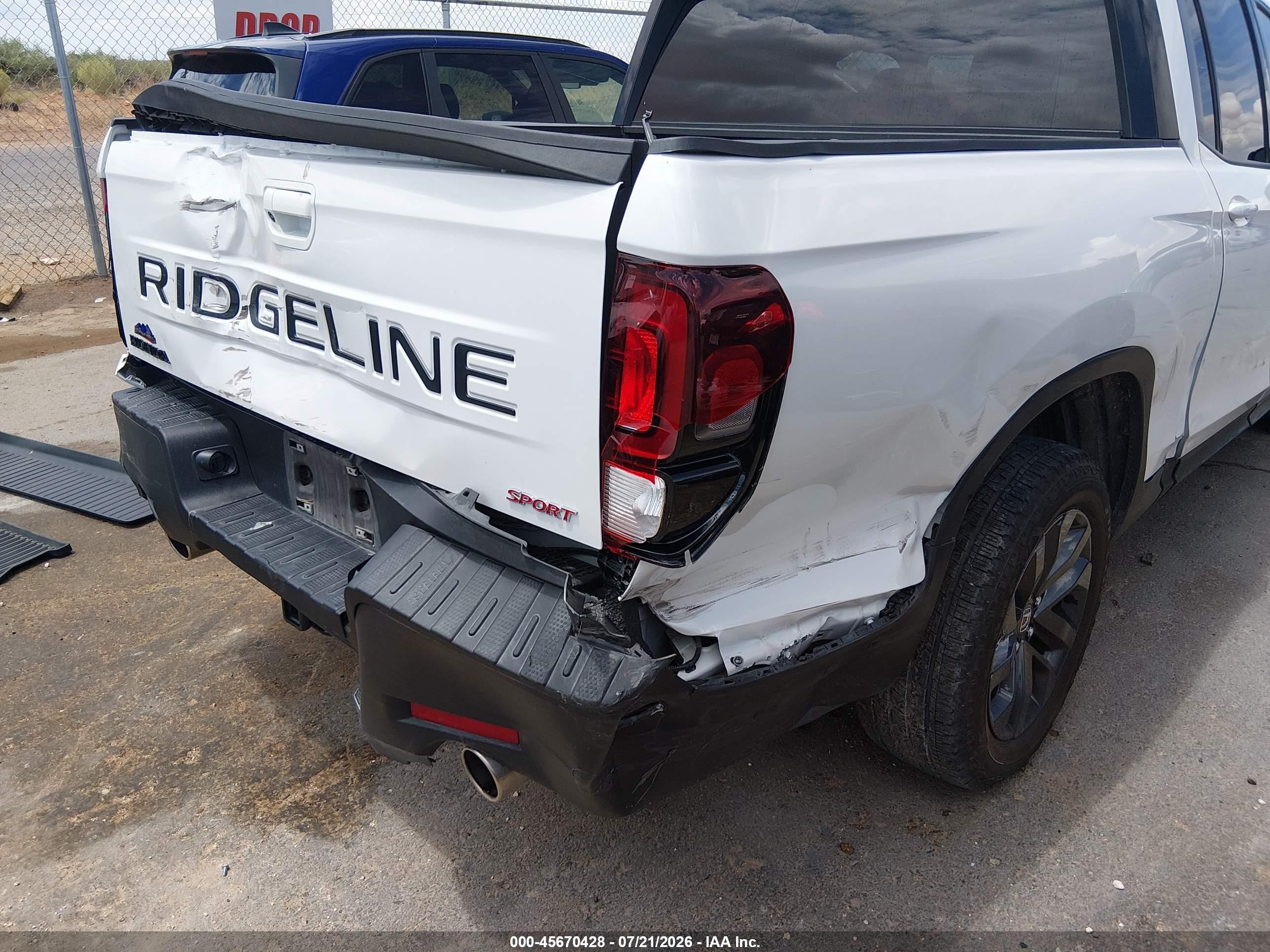 2025 Honda Ridgeline VIN 5FPYK3F12SB019451 IAAI salvage auction — Front & Rear, Salvage (Texas), sold $1,425 on 2026-09-16 (photo 6)