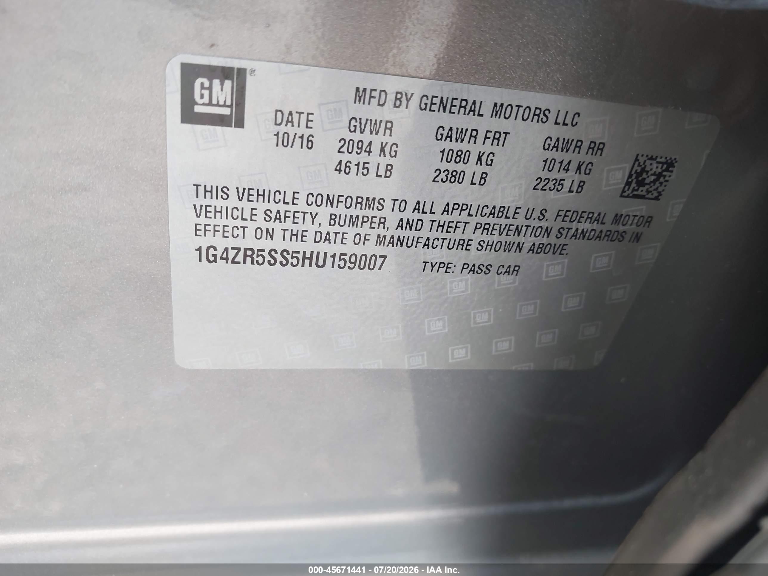 2017 Buick LaCrosse VIN 1G4ZR5SS5HU159007 IAAI salvage auction — Front End, Wait Title, sold $2,150 on 2026-09-22 (photo 9)