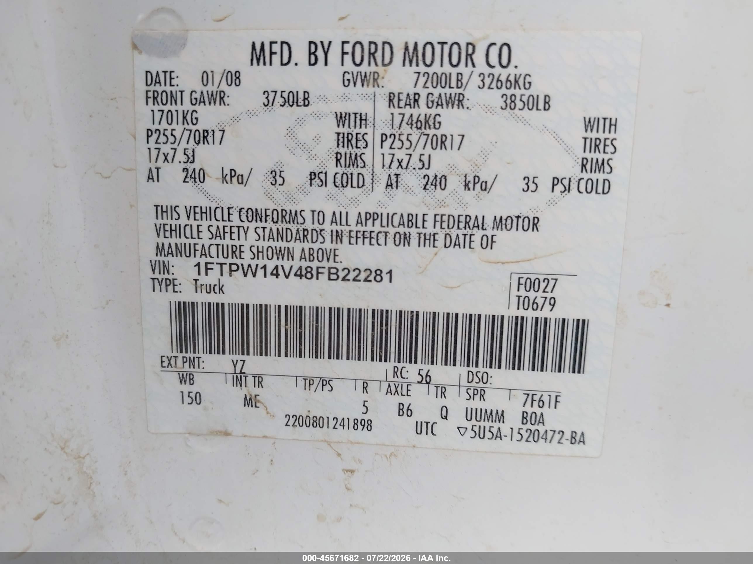 2008 Ford F-150 VIN 1FTPW14V48FB22281 IAAI salvage auction — Unknown, Clear (Wyoming), sold $125 on 2026-09-09 (photo 9)