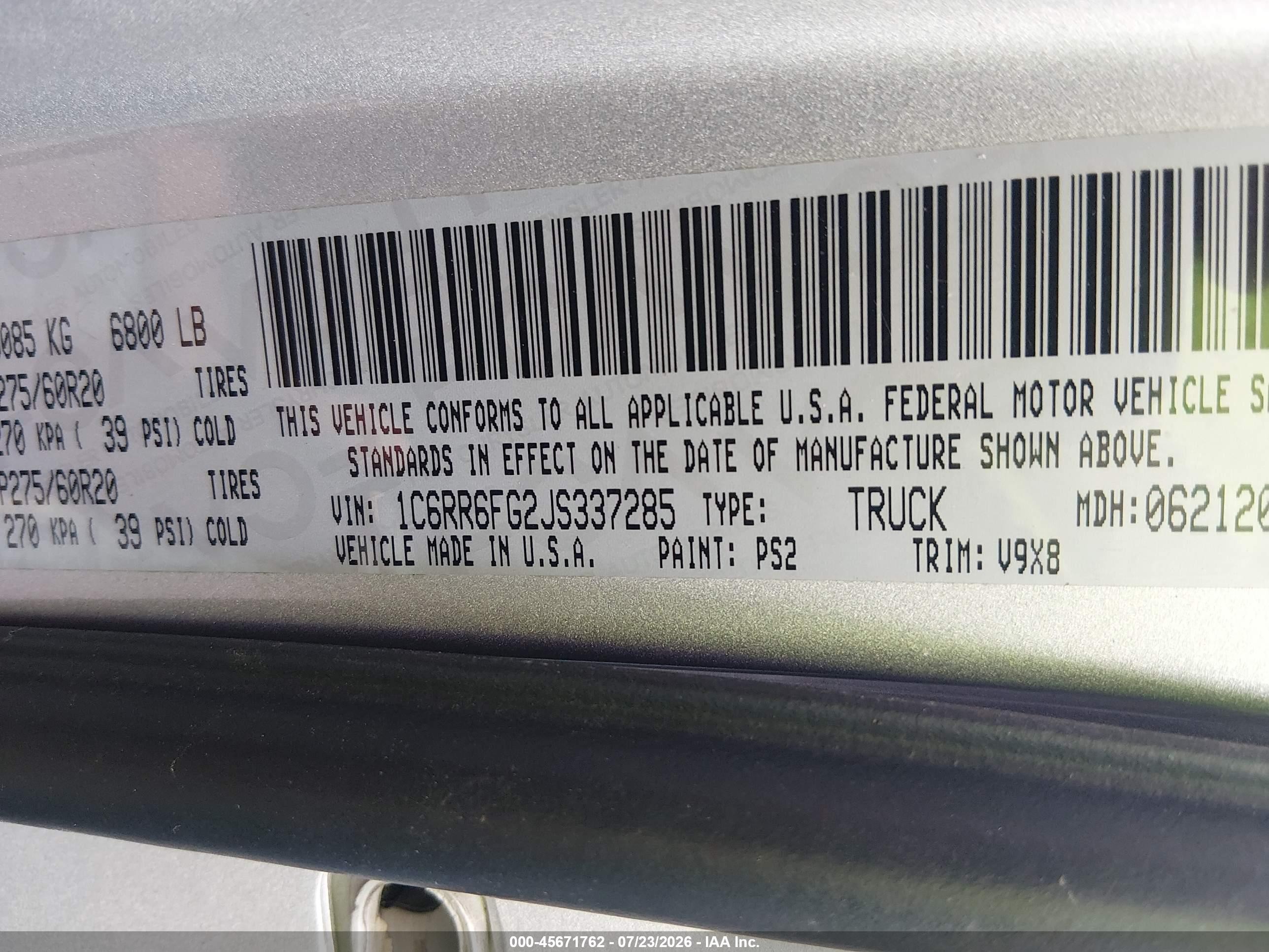 2018 Ram 1500 VIN 1C6RR6FG2JS337285 IAAI salvage auction — Unknown, Salvage (South Carolina), sold $4,400 on 2026-10-07 (photo 9)