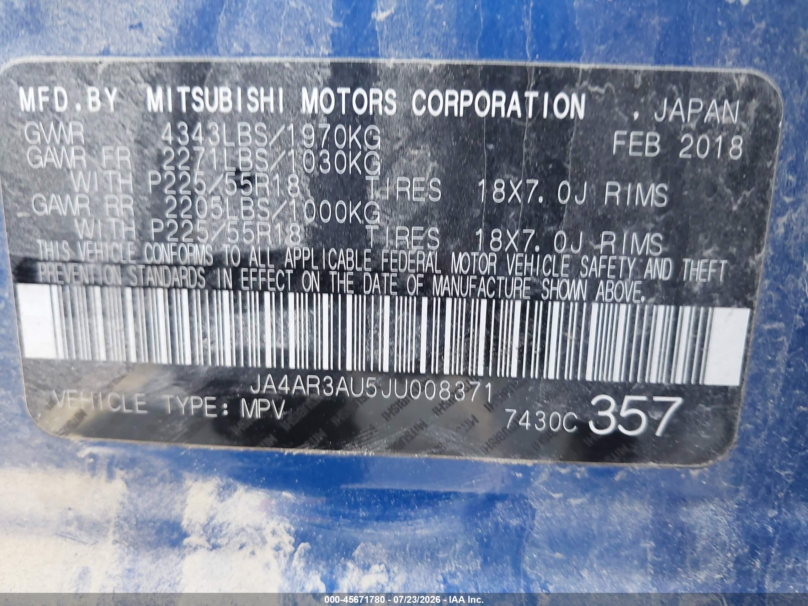 2018 Mitsubishi Outlander Sport VIN JA4AR3AU5JU008371 IAAI salvage auction — Side, Salvage (Minnesota), sold $1,800 on 2026-09-23 (photo 9)