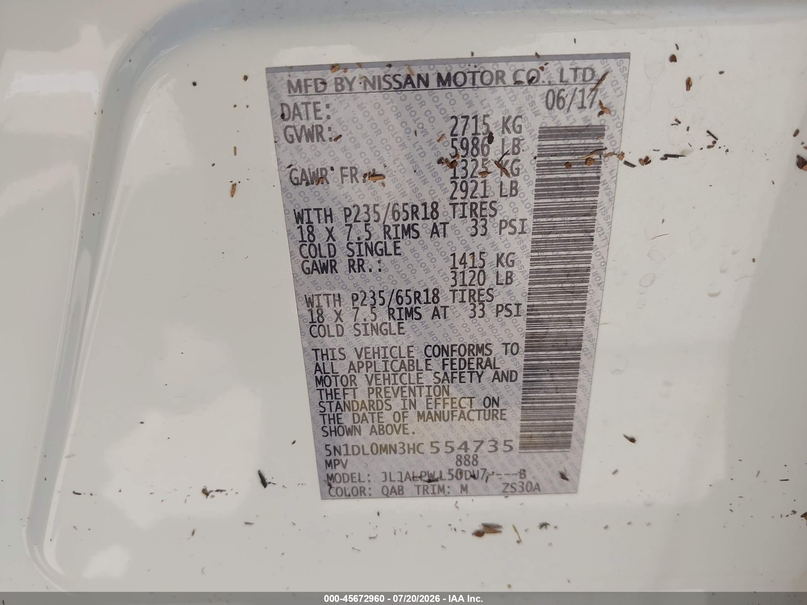 2017 Infiniti Qx60 VIN 5N1DL0MN3HC554735 IAAI salvage auction — Water/Flood, Salvage (Texas), sold $2,350 on 2026-09-11 (photo 9)