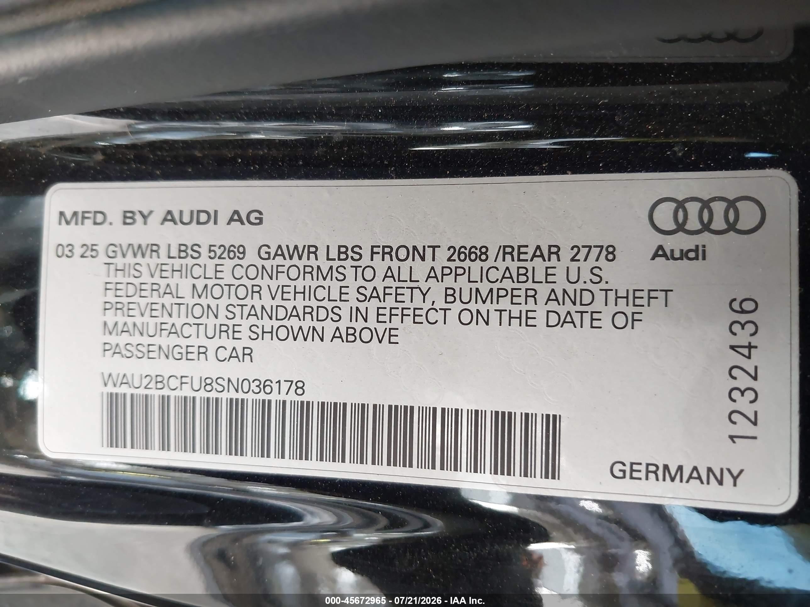 2025 Audi A5 VIN WAU2BCFU8SN036178 IAAI salvage auction — Front End, Original (Texas), sold $9,400 on 2026-09-11 (photo 9)