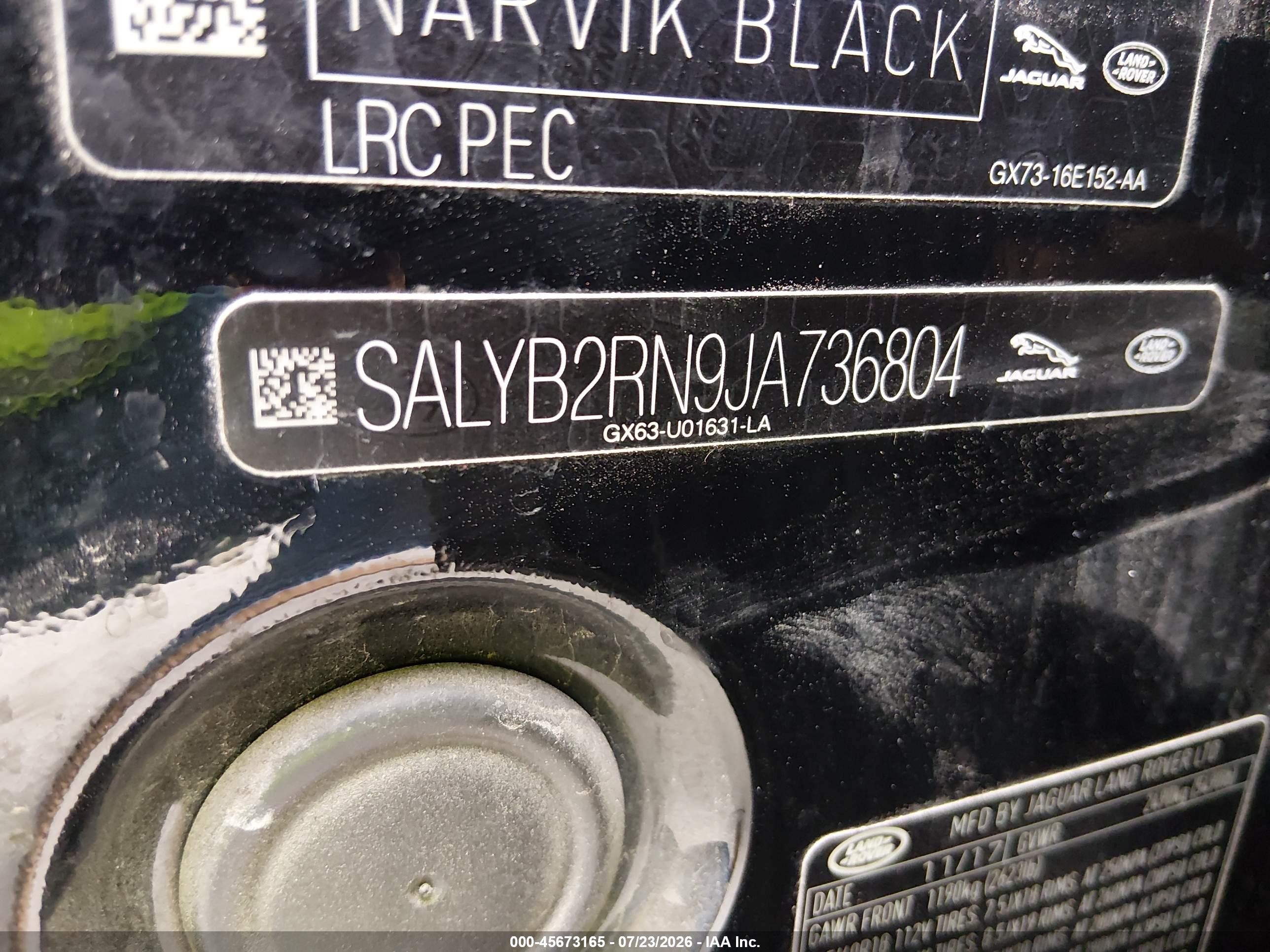 2018 Land Rover Range Rover Velar VIN SALYB2RN9JA736804 IAAI salvage auction — Vandalized, Salvage (Kansas), sold $6,100 on 2026-09-12 (photo 9)