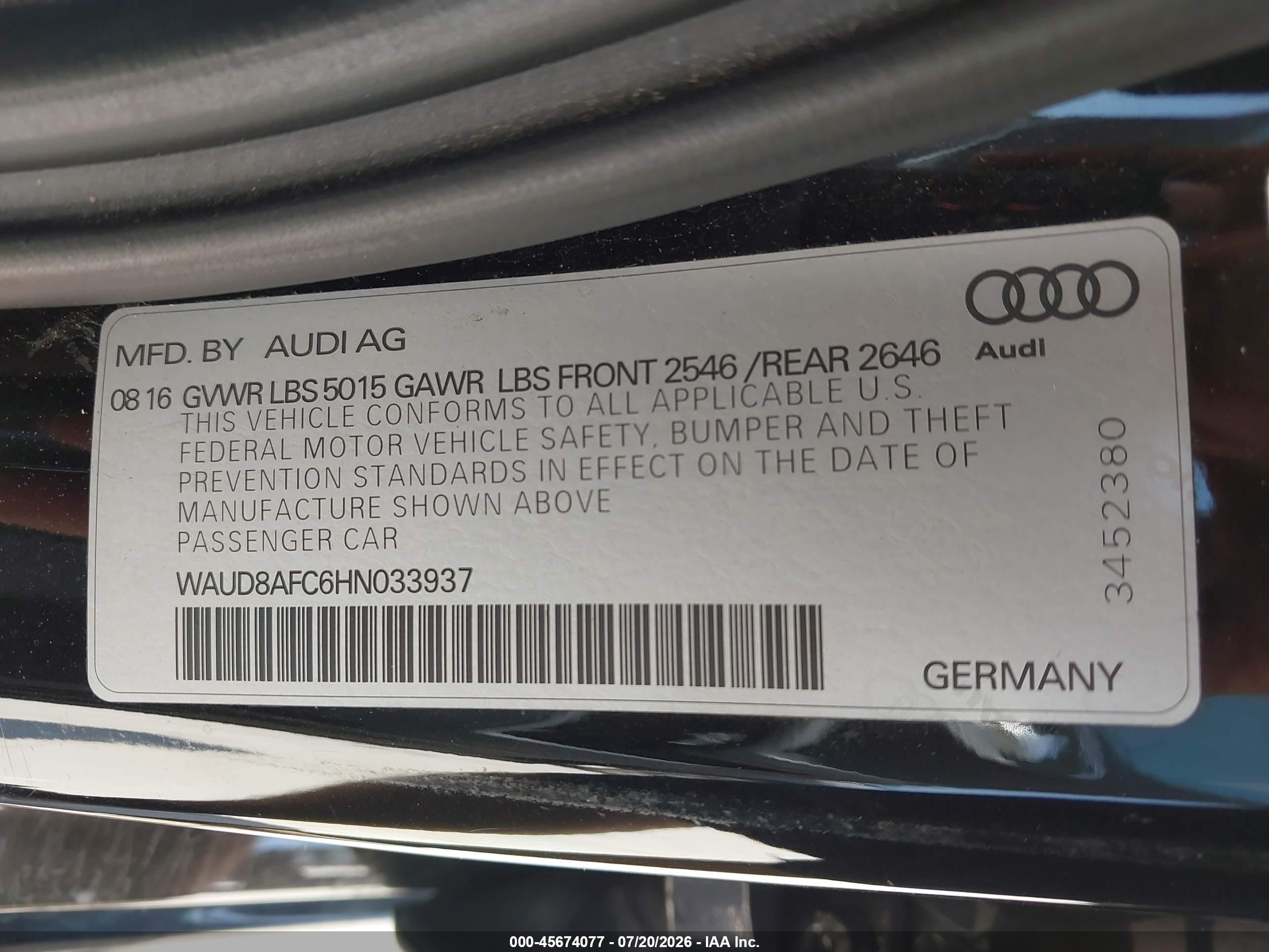 2017 Audi A6 VIN WAUD8AFC6HN033937 IAAI salvage auction — Front End, Salvage (Texas), sold $2,650 on 2026-09-07 (photo 9)