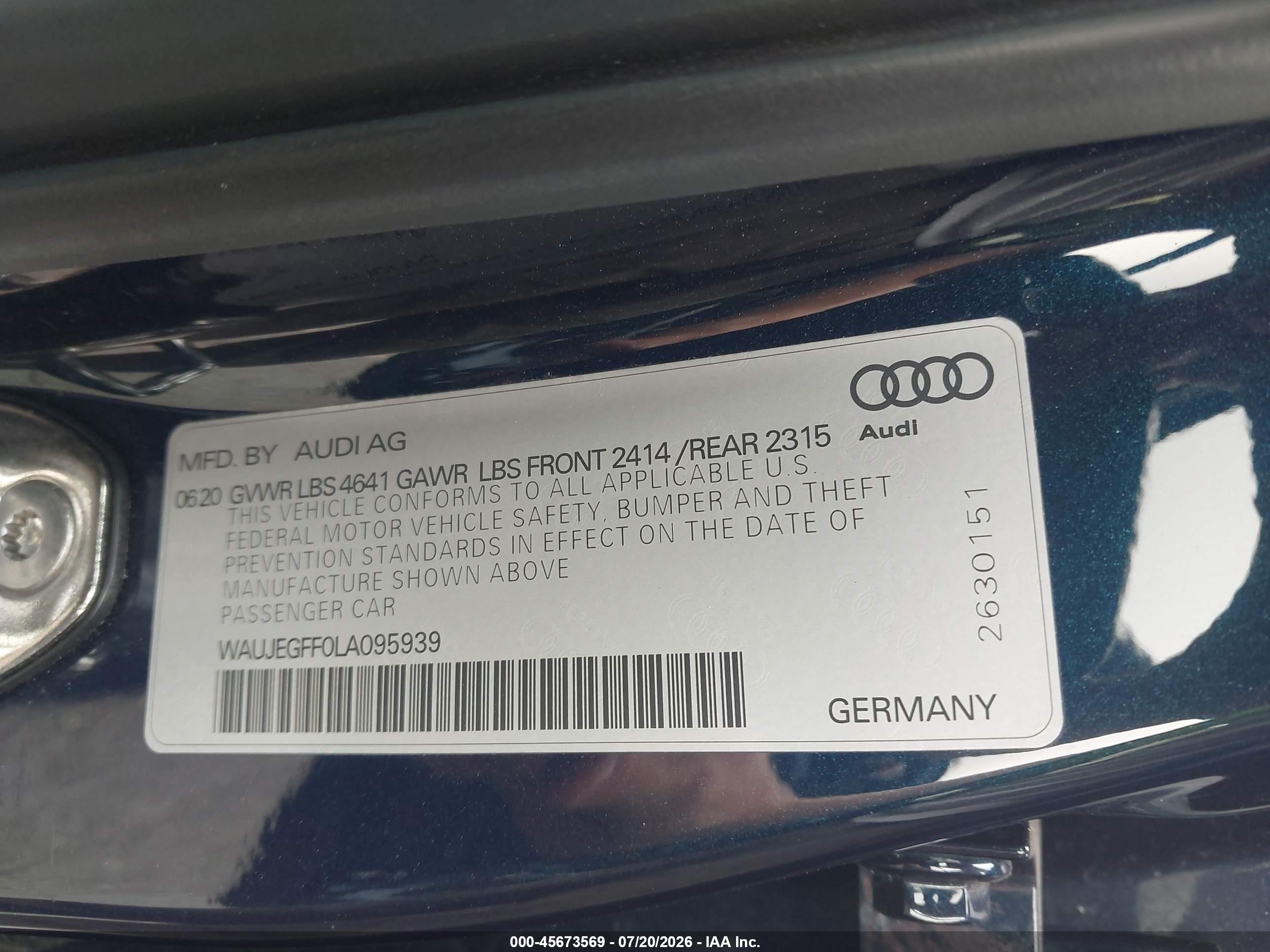 2020 Audi A3 VIN WAUJEGFF0LA095939 IAAI salvage auction — Side, Salvage (Idaho), sold $8,300 on 2026-09-03 (photo 9)