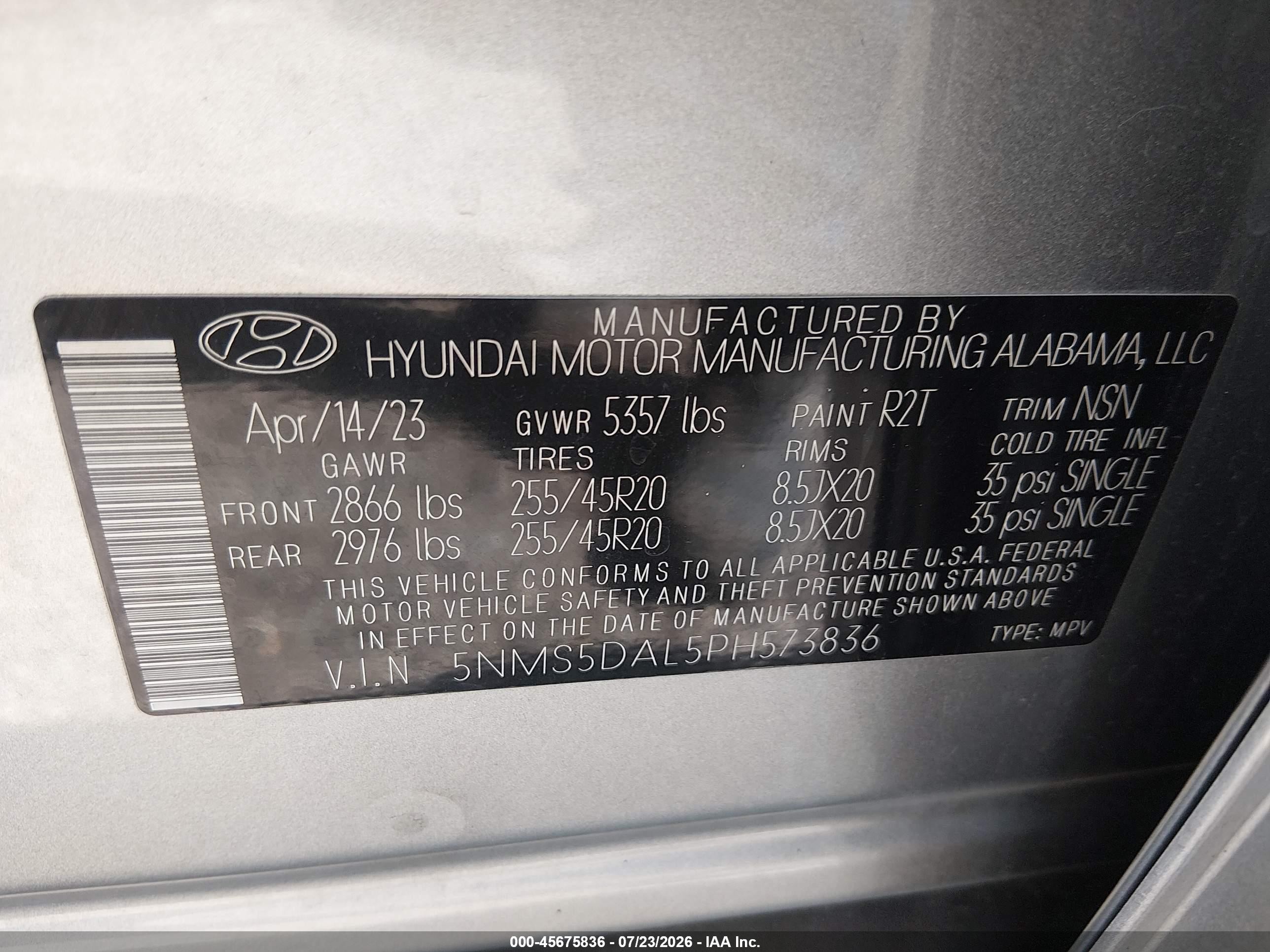 2023 Hyundai Santa fe VIN 5NMS5DAL5PH573836 IAAI salvage auction — Side, Salvage (Ohio), sold $9,000 on 2026-09-22 (photo 9)