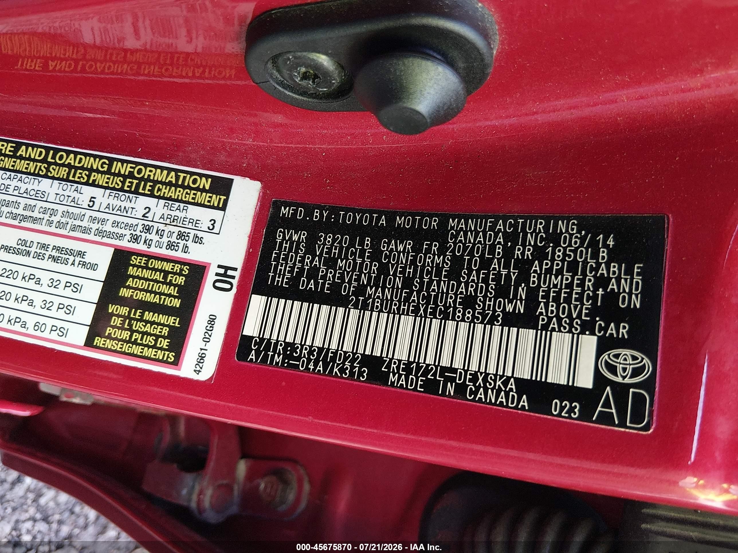 2014 Toyota Corolla VIN 2T1BURHEXEC188573 IAAI salvage auction — Front End, Salvage (Ohio), sold $1,700 on 2026-09-08 (photo 9)