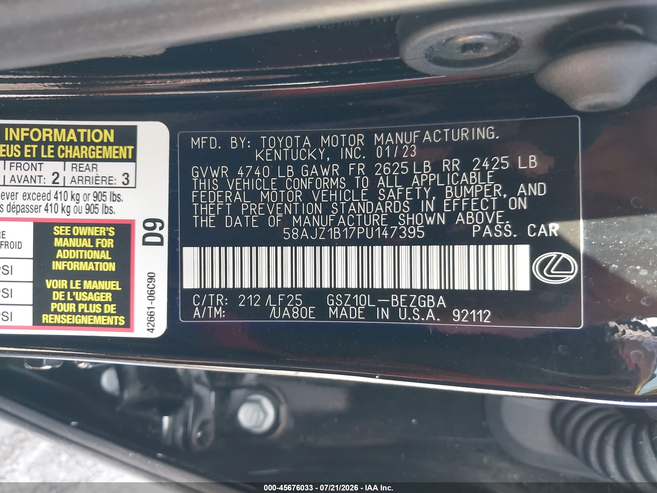2023 Lexus ES VIN 58AJZ1B17PU147395 IAAI salvage auction — Rear End, Salvage (Texas), sold $13,400 on 2026-09-11 (photo 9)