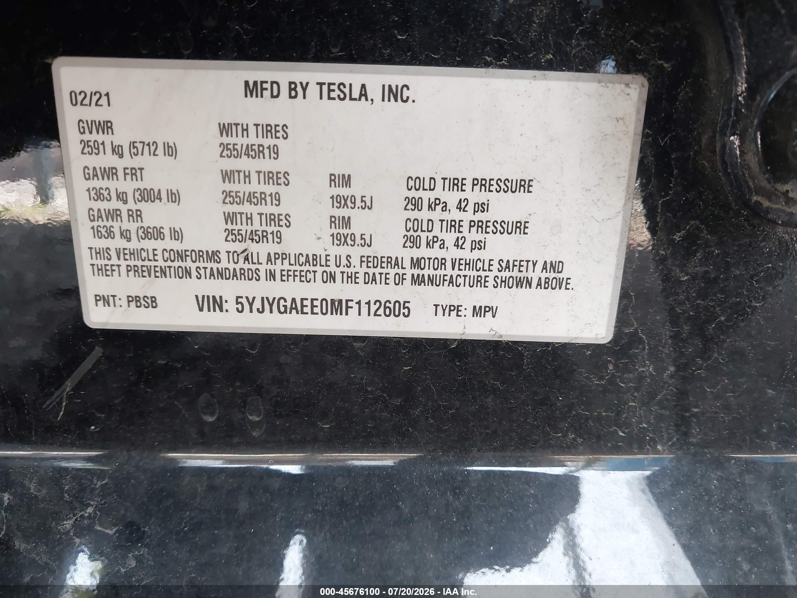2021 Tesla Model Y VIN 5YJYGAEE0MF112605 IAAI salvage auction — Rear End, Salvage (Delaware), sold $6,300 on 2026-10-12 (photo 9)
