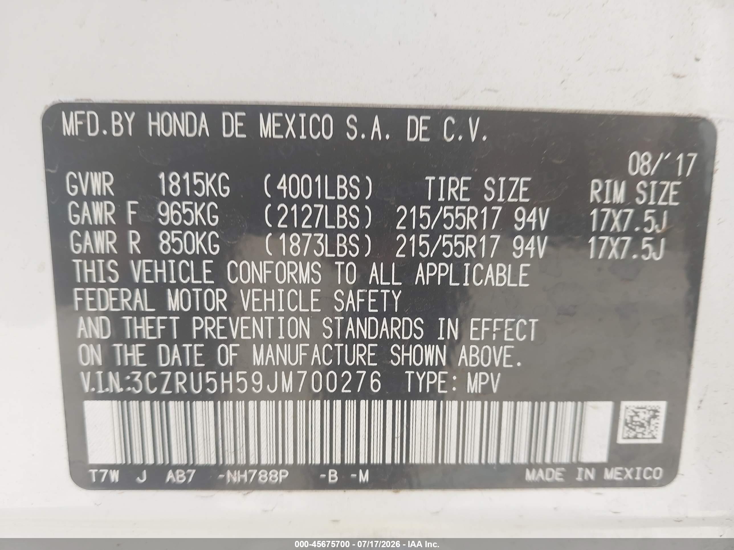 2018 Honda Hr-v VIN 3CZRU5H59JM700276 IAAI salvage auction — Front End, Salvage (Hawaii), sold $2,050 on 2026-09-08 (photo 9)