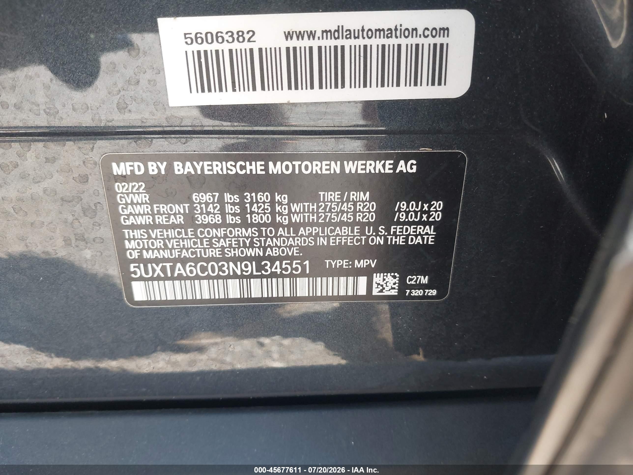 2022 BMW X5 VIN 5UXTA6C03N9L34551 IAAI salvage auction — Front End, Salvage (Idaho), sold $31,750 on 2026-09-04 (photo 9)