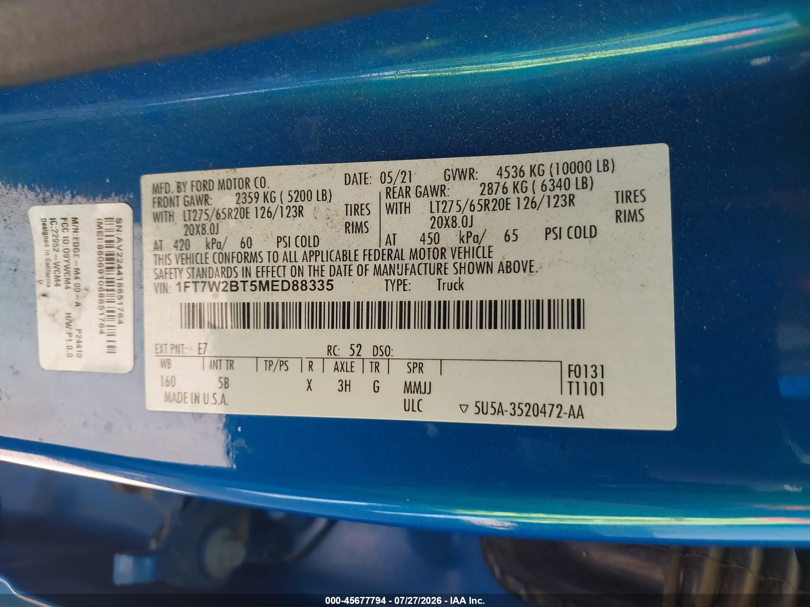 2021 Ford F-250 VIN 1FT7W2BT5MED88335 IAAI salvage auction — Water/Flood, Salvage (Texas), sold $18,250 on 2026-08-27 (photo 9)