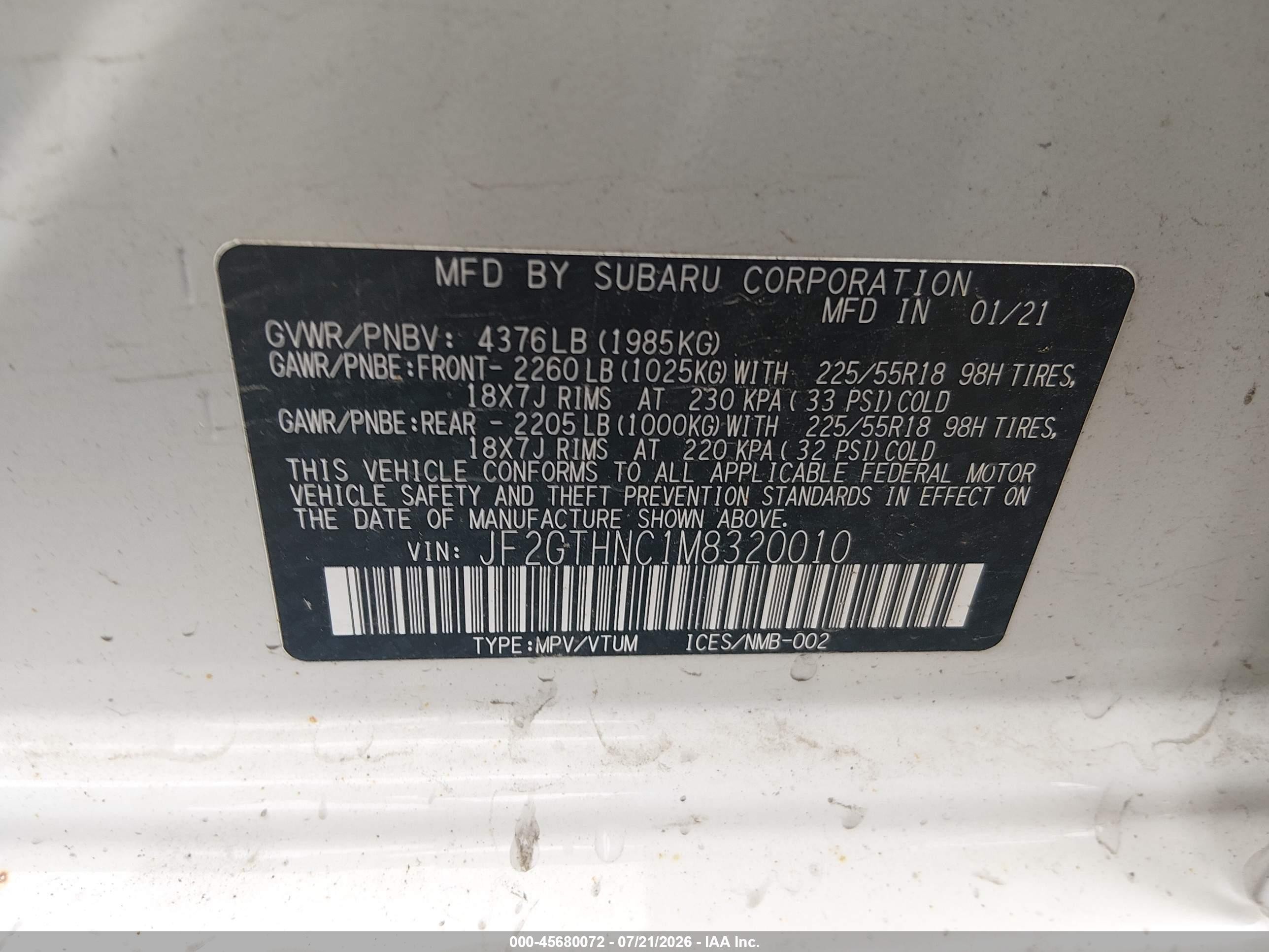 2021 Subaru Crosstrek VIN JF2GTHNC1M8320010 IAAI salvage auction — Front End, Salvage (Idaho), sold $4,400 on 2026-09-25 (photo 9)