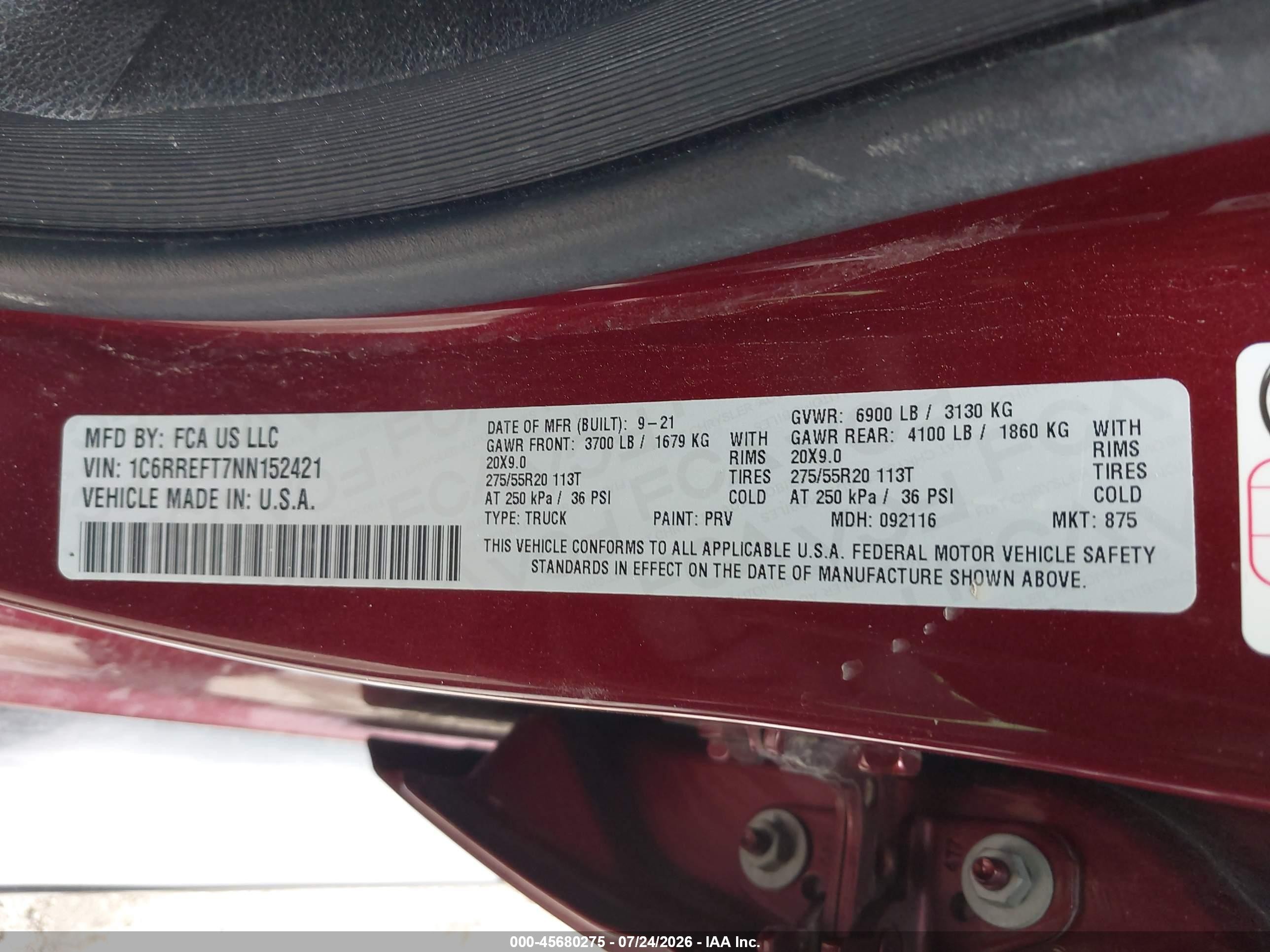 2022 Ram 1500 VIN 1C6RREFT7NN152421 IAAI salvage auction — Side, Salvage (Texas), sold $10,400 on 2026-09-19 (photo 9)
