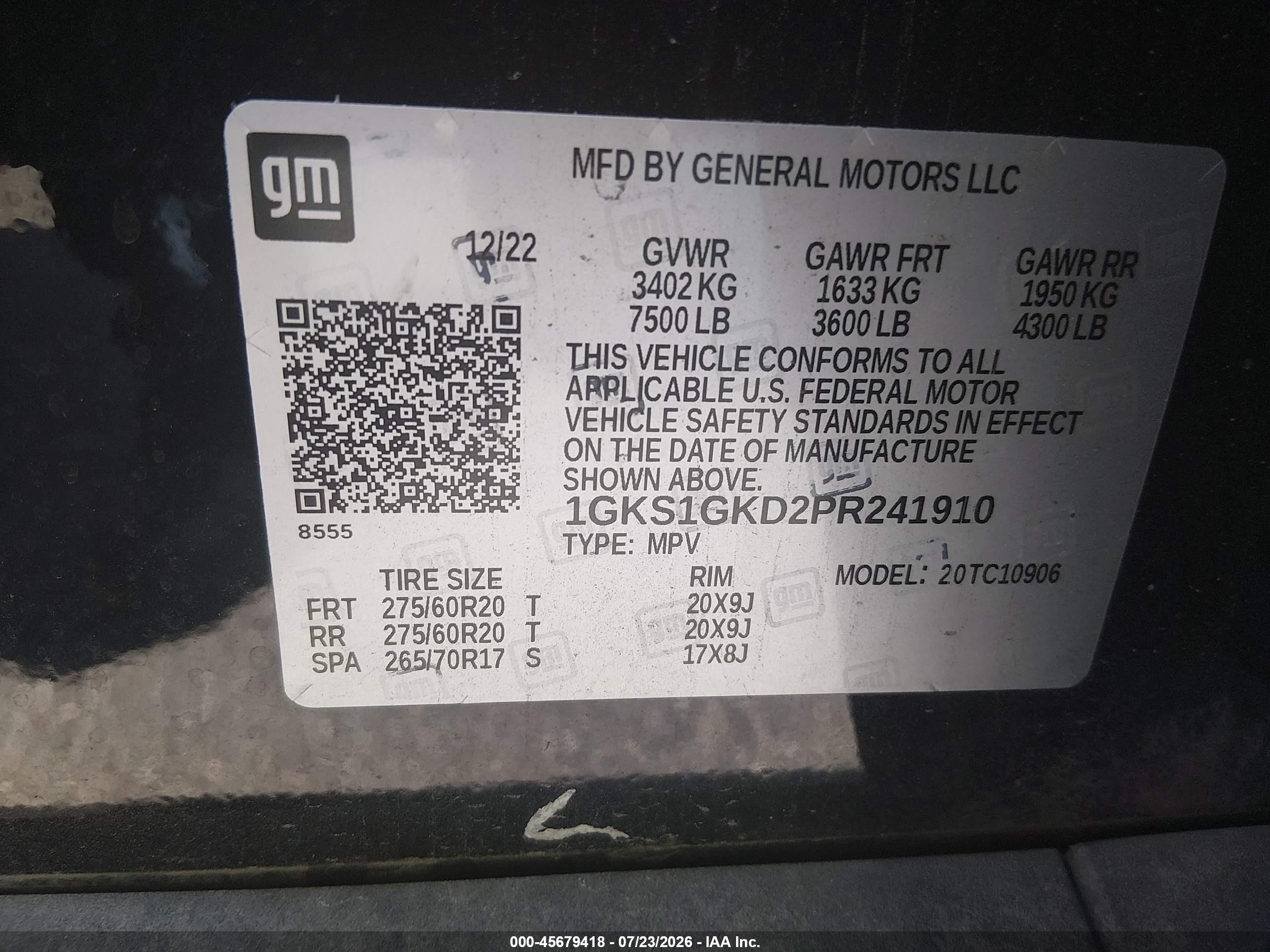 2023 Gmc Yukon VIN 1GKS1GKD2PR241910 IAAI salvage auction — Unknown, Rebuildable (Florida), sold $24,075 on 2026-08-20 (photo 9)
