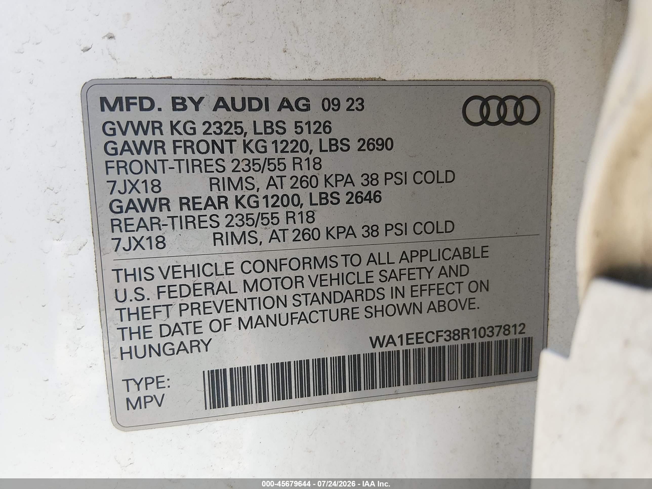 2024 Audi Q3 VIN WA1EECF38R1037812 IAAI salvage auction — Unknown, Salvage (Massachusetts), sold $11,000 on 2026-09-05 (photo 9)