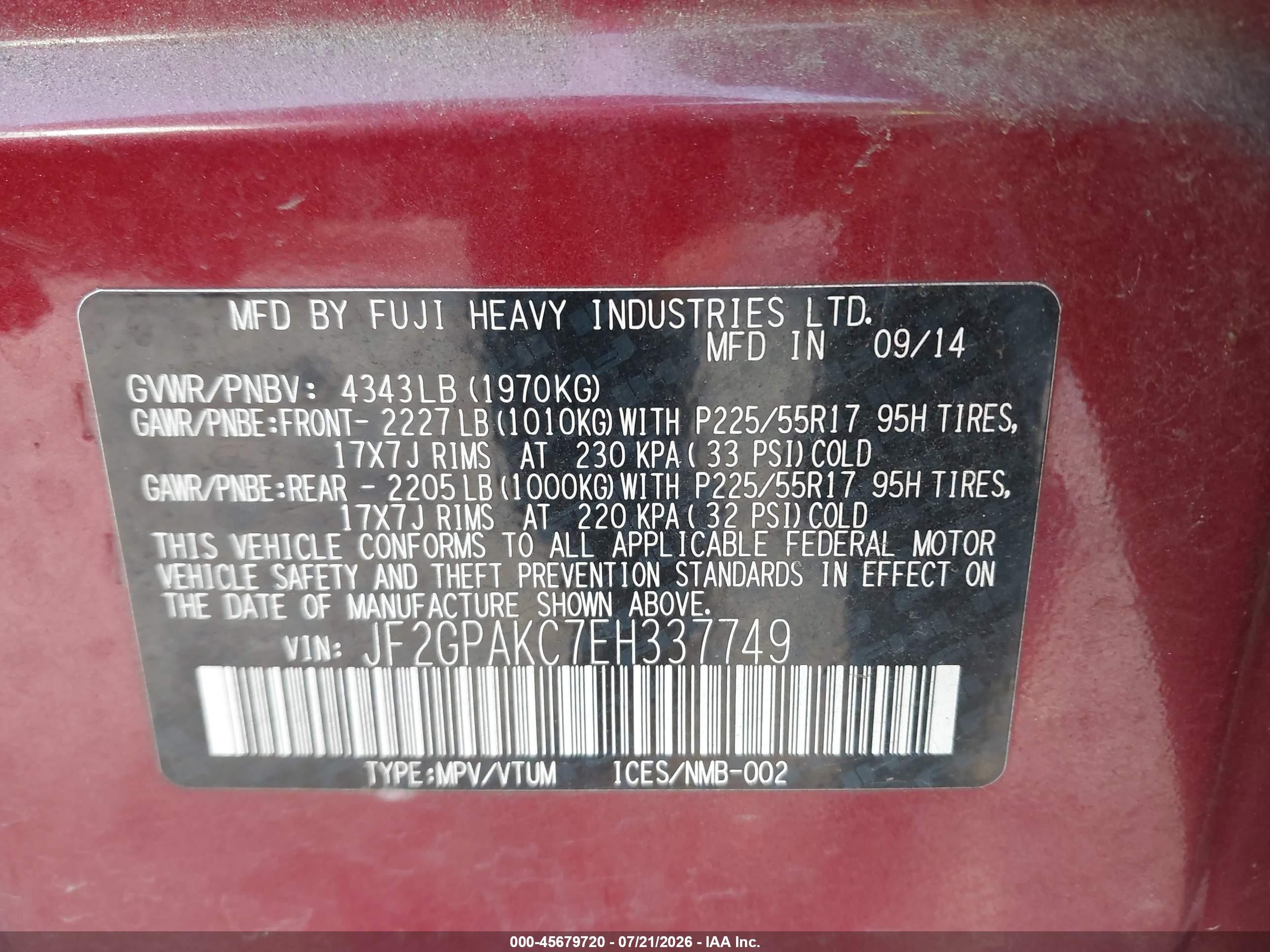 2014 Subaru Xv VIN JF2GPAKC7EH337749 IAAI salvage auction — Side, Salvage (North Carolina), sold $600 on 2026-09-08 (photo 9)