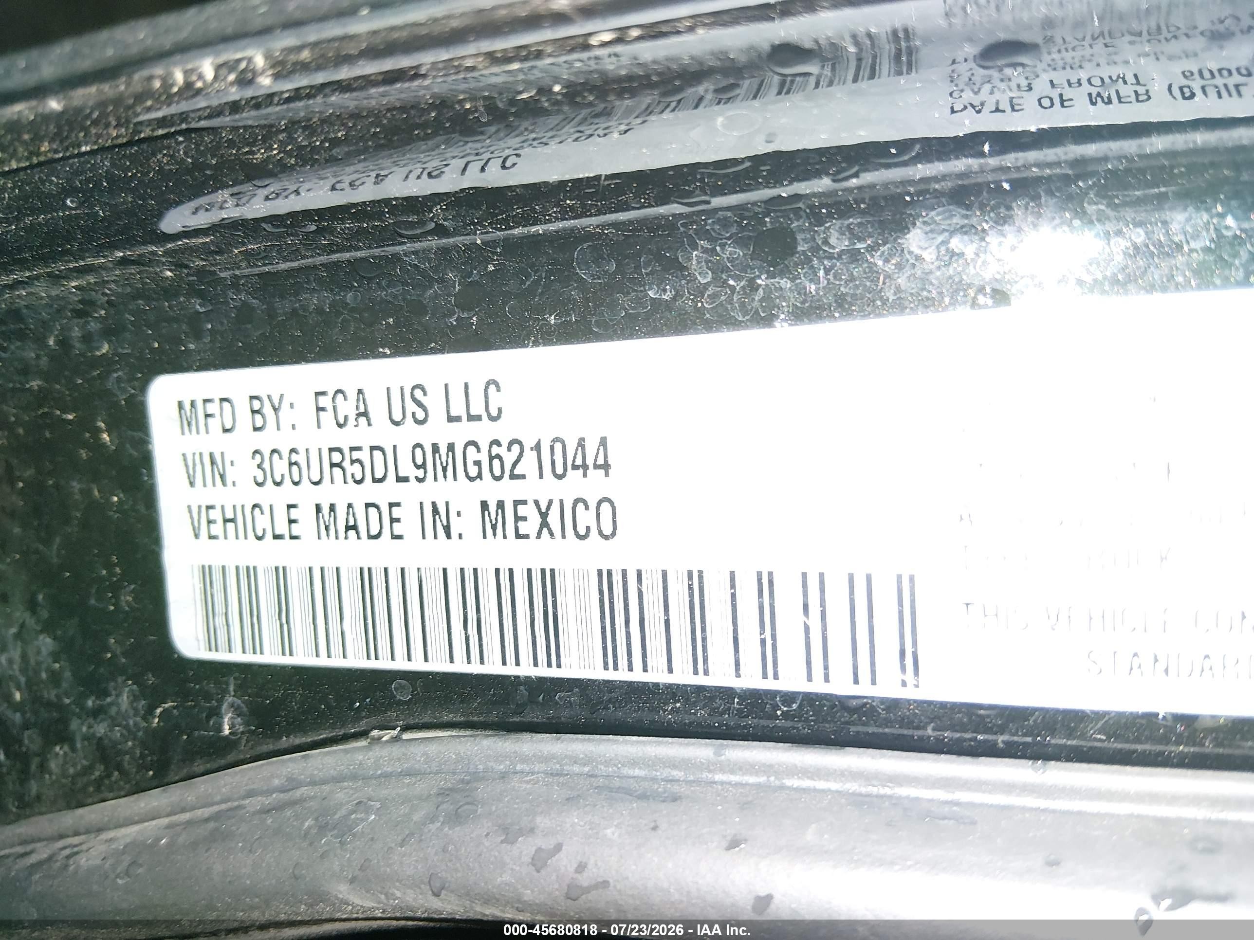 2021 Ram 2500 VIN 3C6UR5DL9MG621044 IAAI salvage auction — Front End, Salvage (Idaho), sold $20,250 on 2026-08-21 (photo 9)