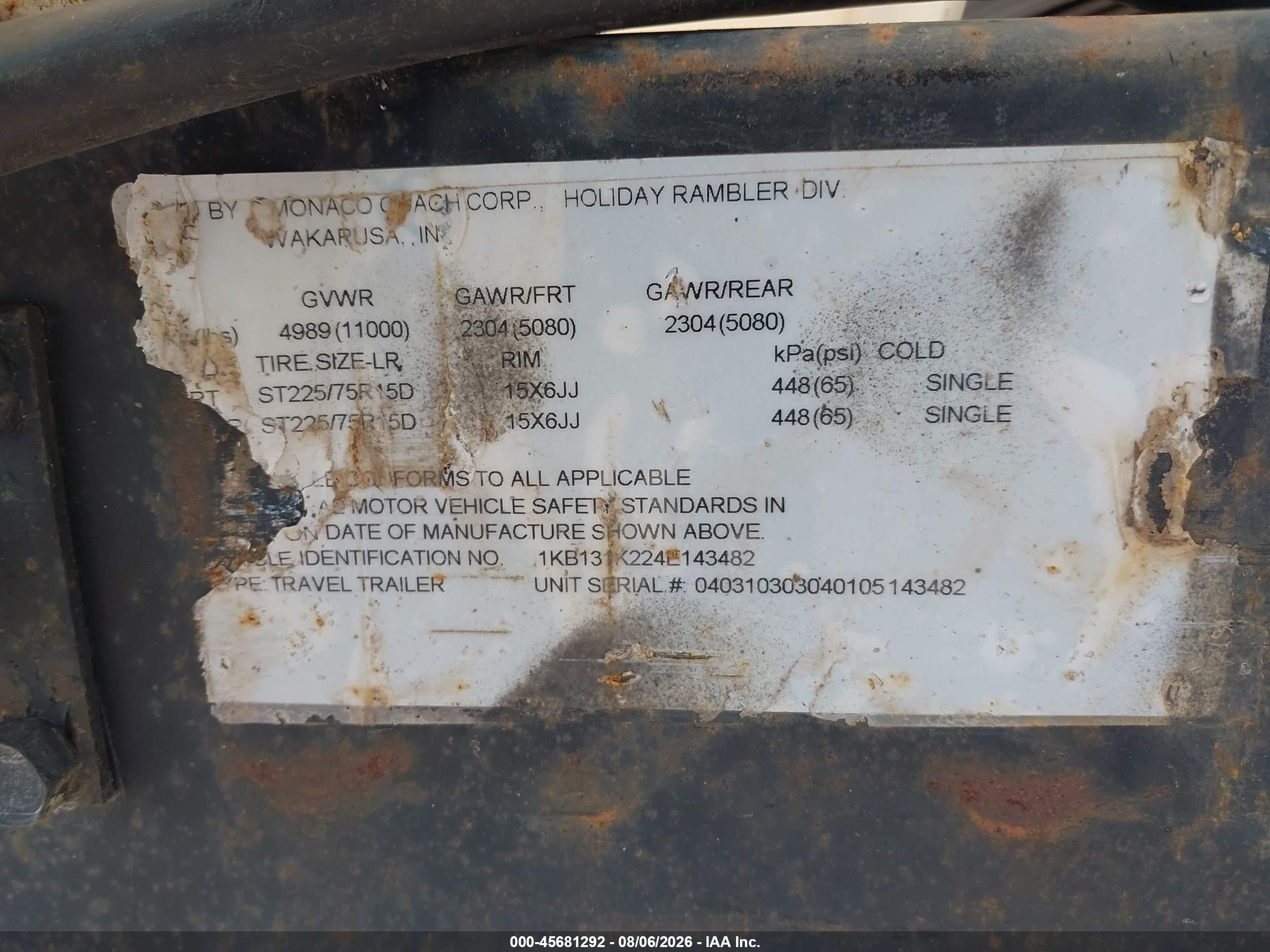 2004 Holiday rambler Alumascape VIN 1KB131K224E143482 IAAI salvage auction — Hail, Clear (North Dakota), sold $850 on 2026-09-24 (photo 9)