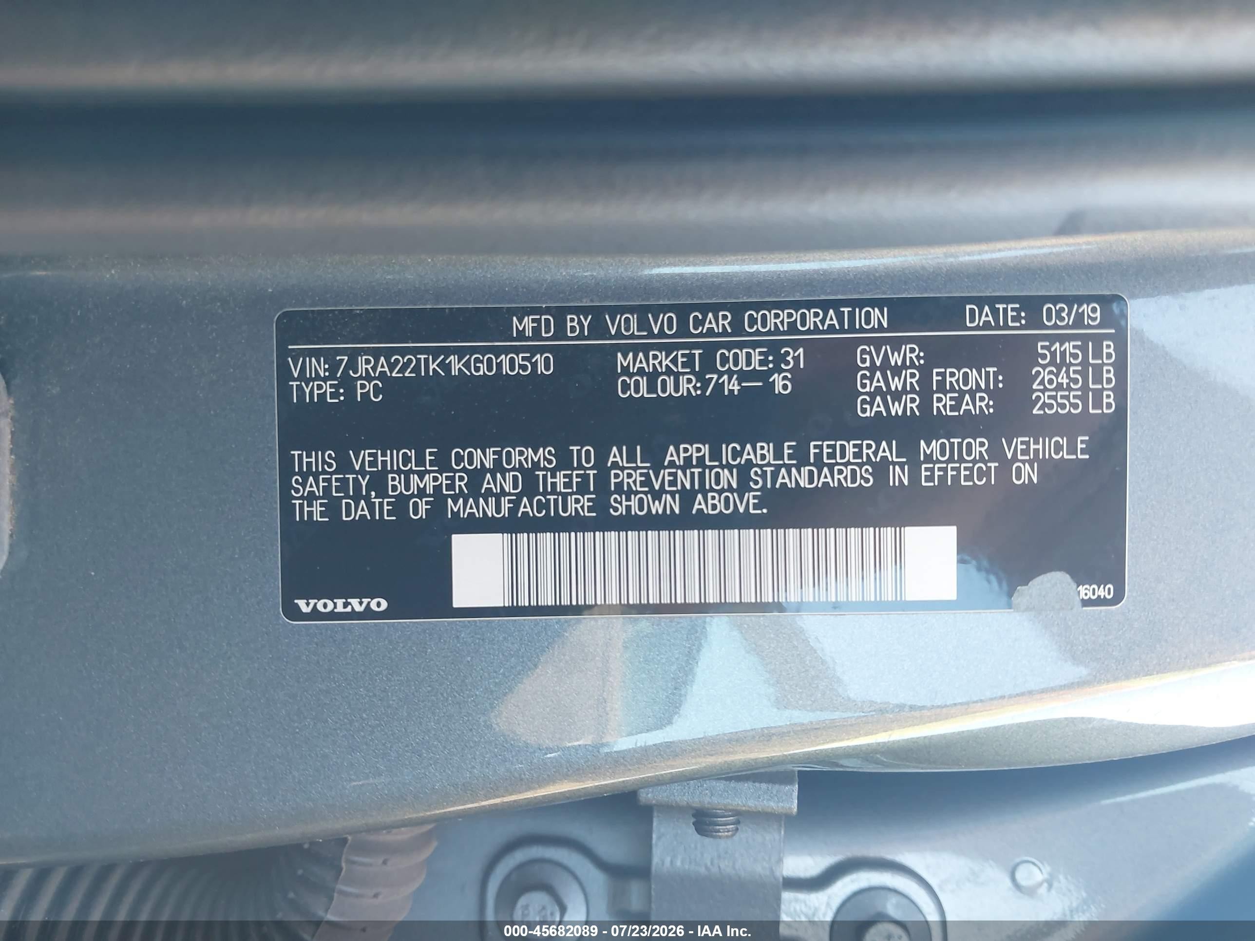 2019 Volvo S60 VIN 7JRA22TK1KG010510 IAAI salvage auction — Side, Salvage (Ohio), sold $1,675 on 2026-09-09 (photo 9)