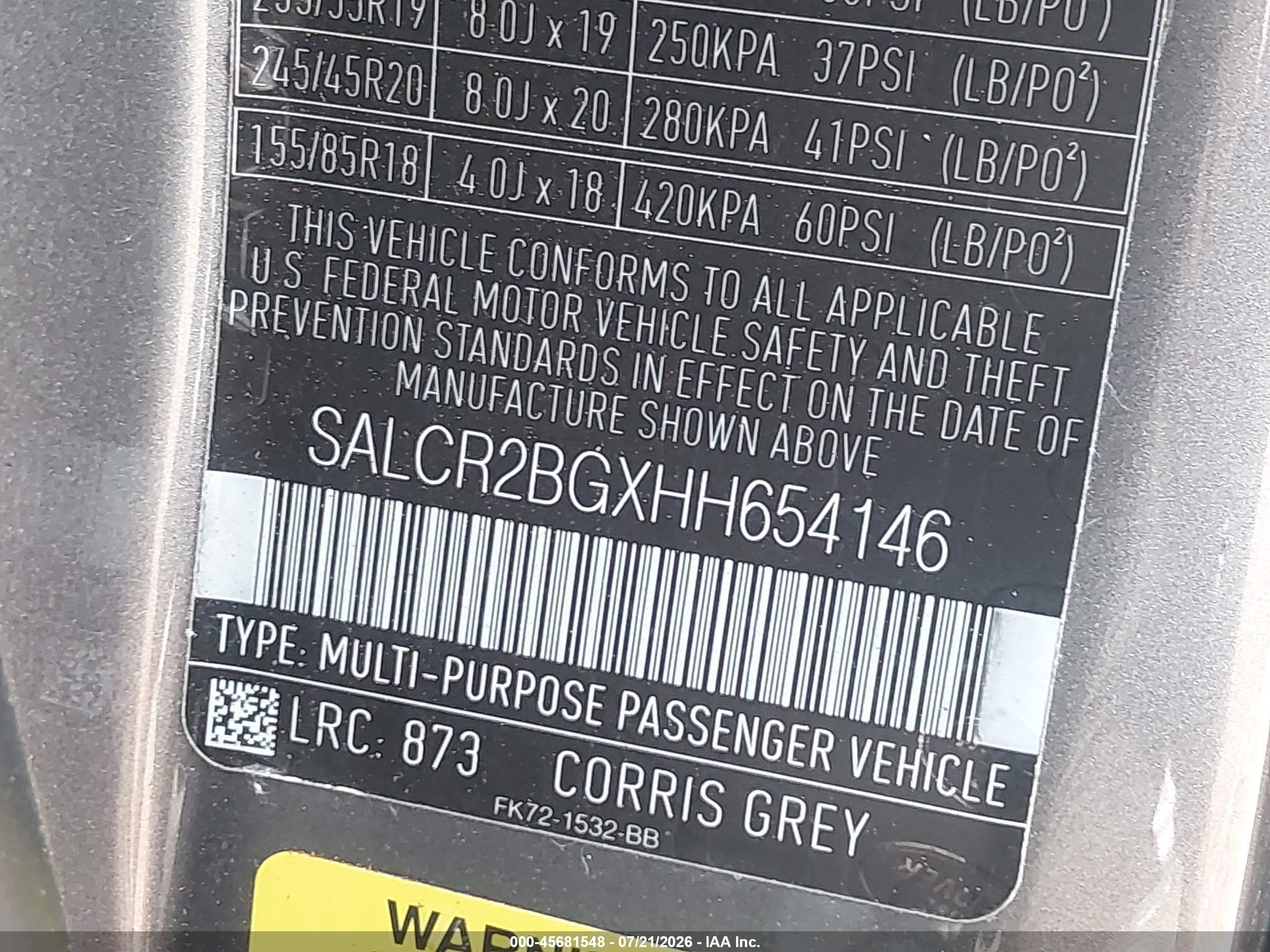 2017 Land Rover Discovery Sport VIN SALCR2BGXHH654146 IAAI salvage auction — Side, Salvage (Iowa), sold $4,550 on 2026-09-14 (photo 9)