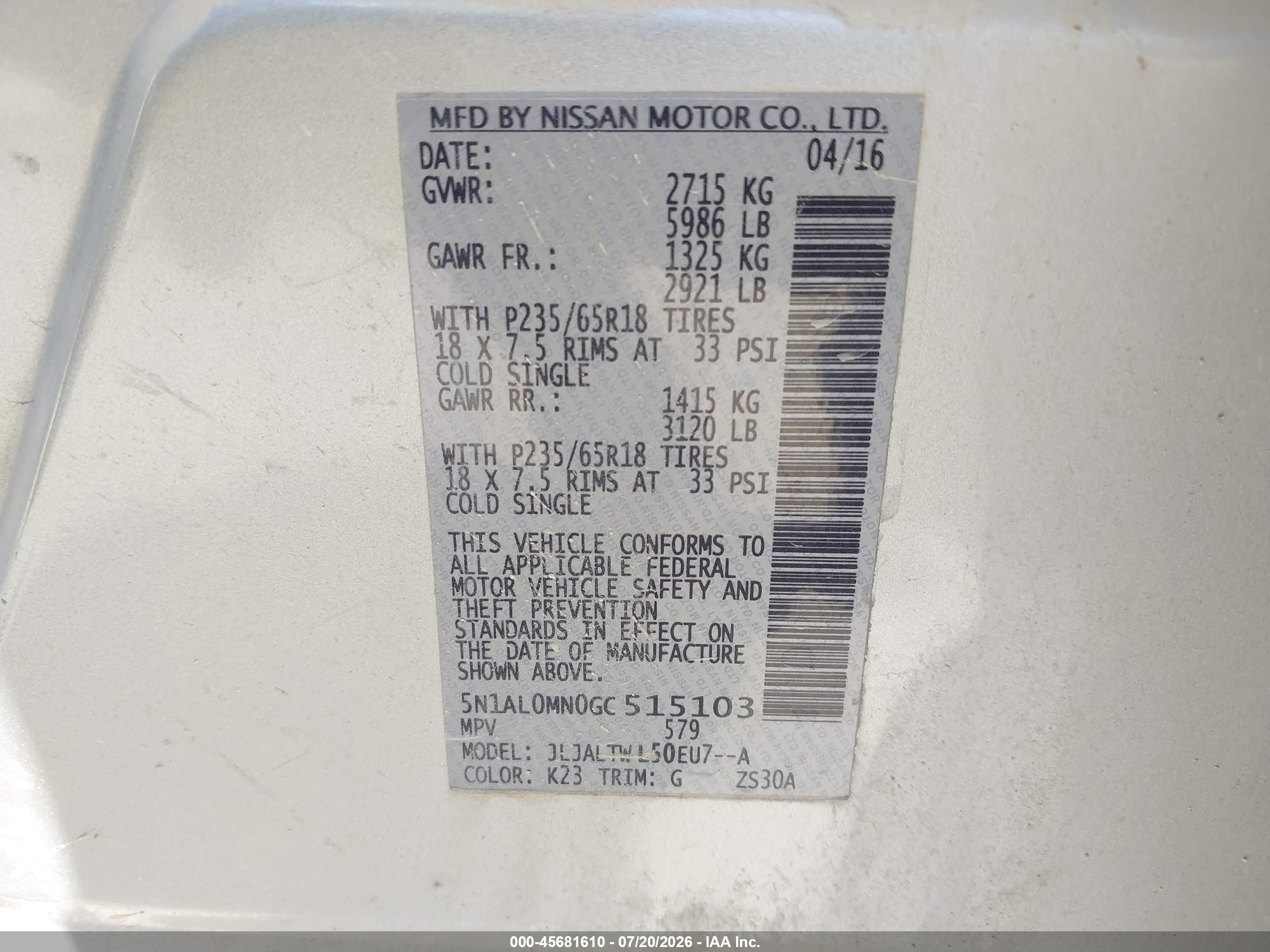 2016 Infiniti Qx60 VIN 5N1AL0MN0GC515103 IAAI salvage auction — Normal Wear, Clear (Texas), sold $875 on 2026-09-03 (photo 9)