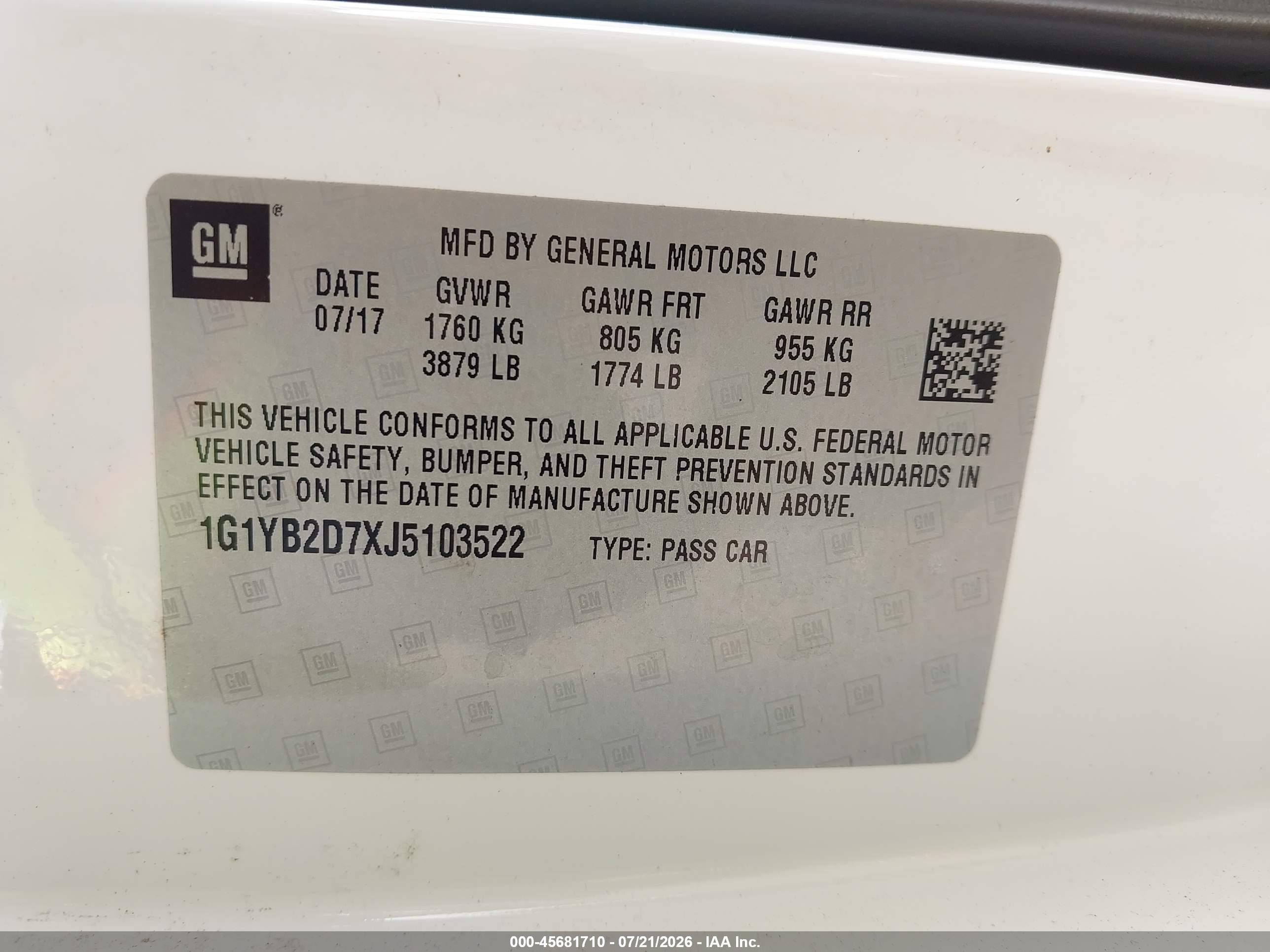 2018 Chevrolet Corvette VIN 1G1YB2D7XJ5103522 IAAI salvage auction — Theft, Salvage (Virginia), sold $24,475 on 2026-09-02 (photo 9)