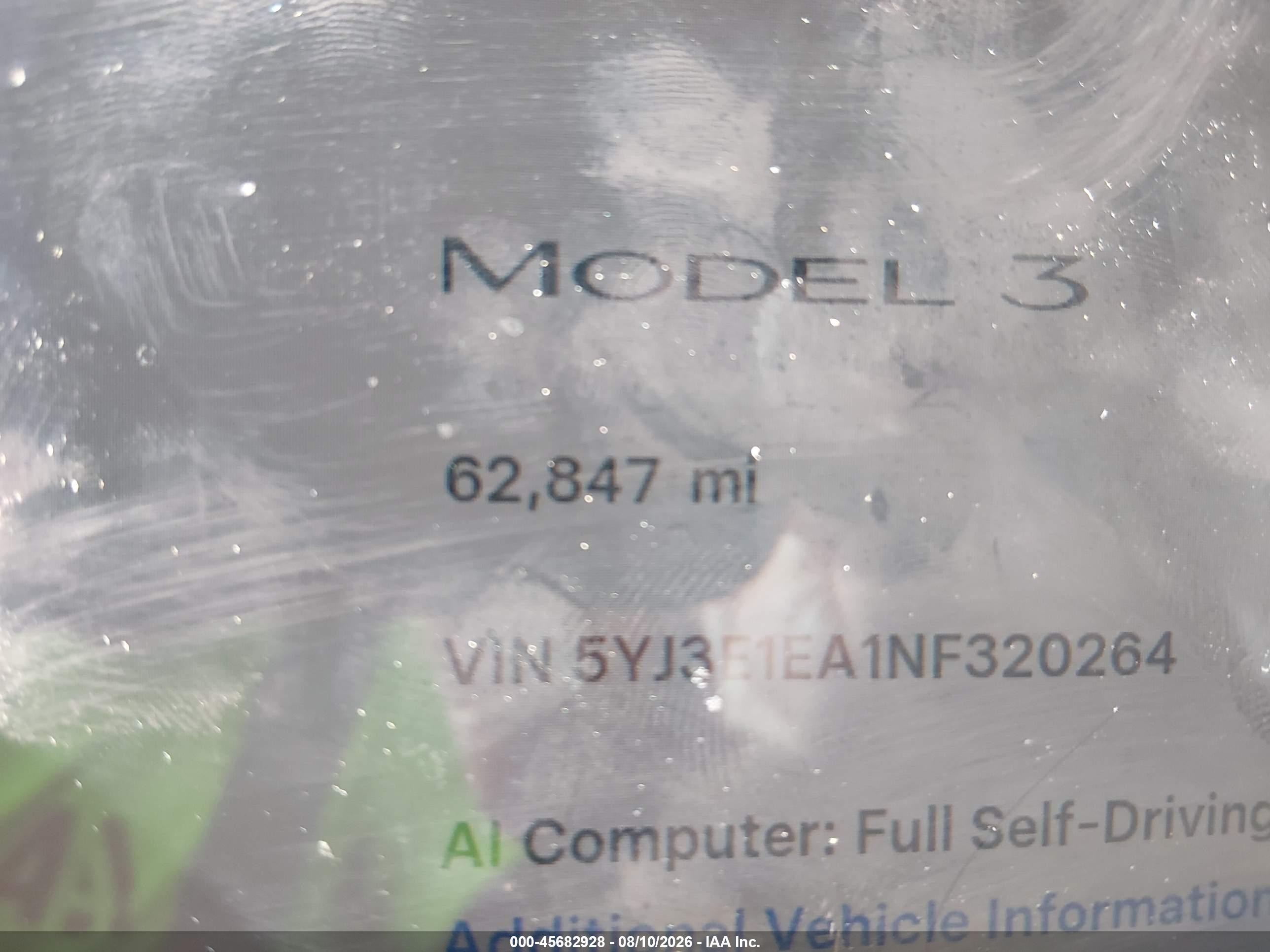2022 Tesla Model 3 VIN 5YJ3E1EA1NF320264 IAAI salvage auction — Front & Rear, Salvage (Georgia), sold $4,750 on 2026-09-12 (photo 7)