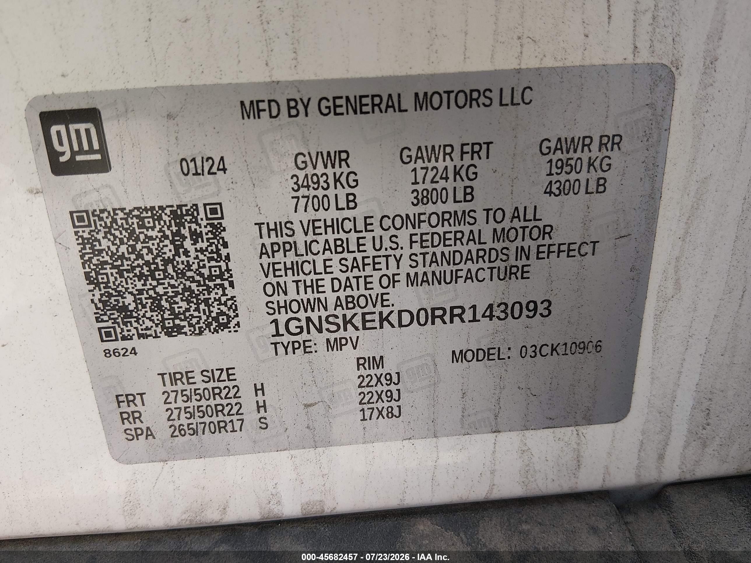2024 Chevrolet Suburban VIN 1GNSKEKD0RR143093 IAAI salvage auction — Unknown, Salvage (Ohio), sold $21,600 on 2026-09-16 (photo 9)