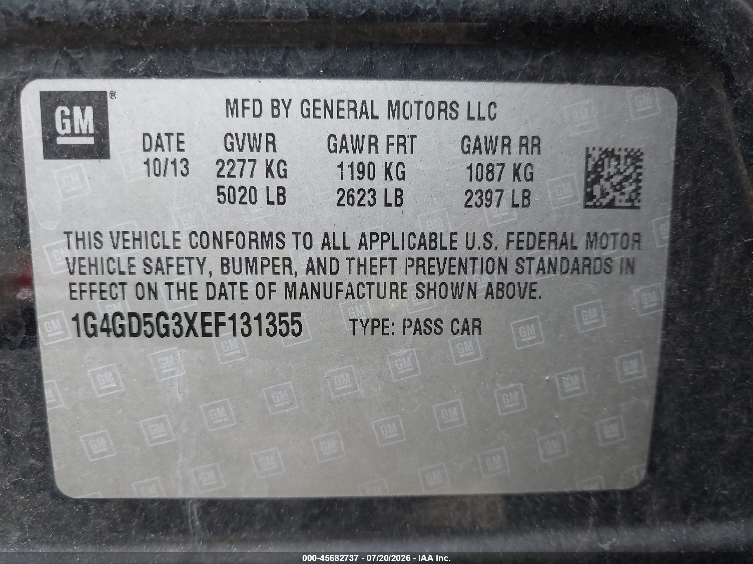 2014 Buick Lacrosse VIN 1G4GD5G3XEF131355 IAAI salvage auction — Side, Clear (Michigan), sold $850 on 2026-09-08 (photo 9)