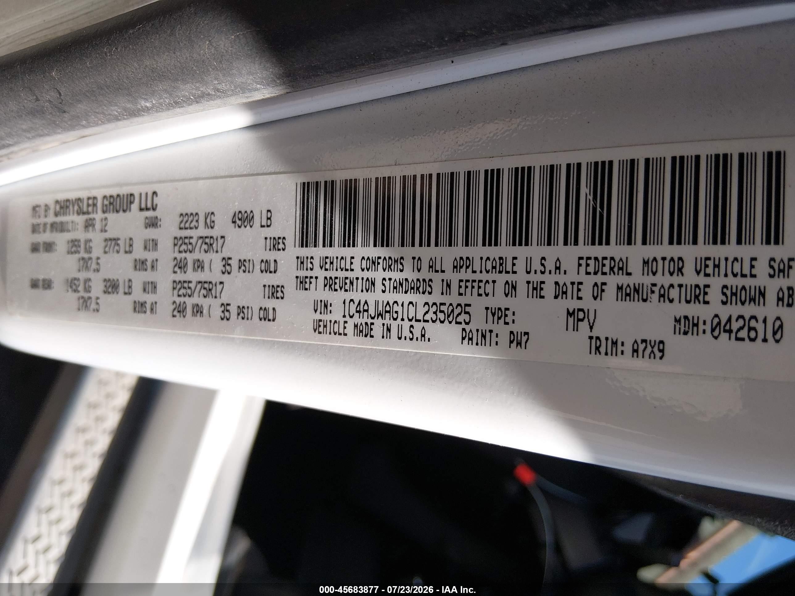 2012 Jeep Wrangler / VIN 1C4AJWAG1CL235025 IAAI salvage auction — Unknown, Original (Texas), sold $5,125 on 2026-09-14 (photo 9)