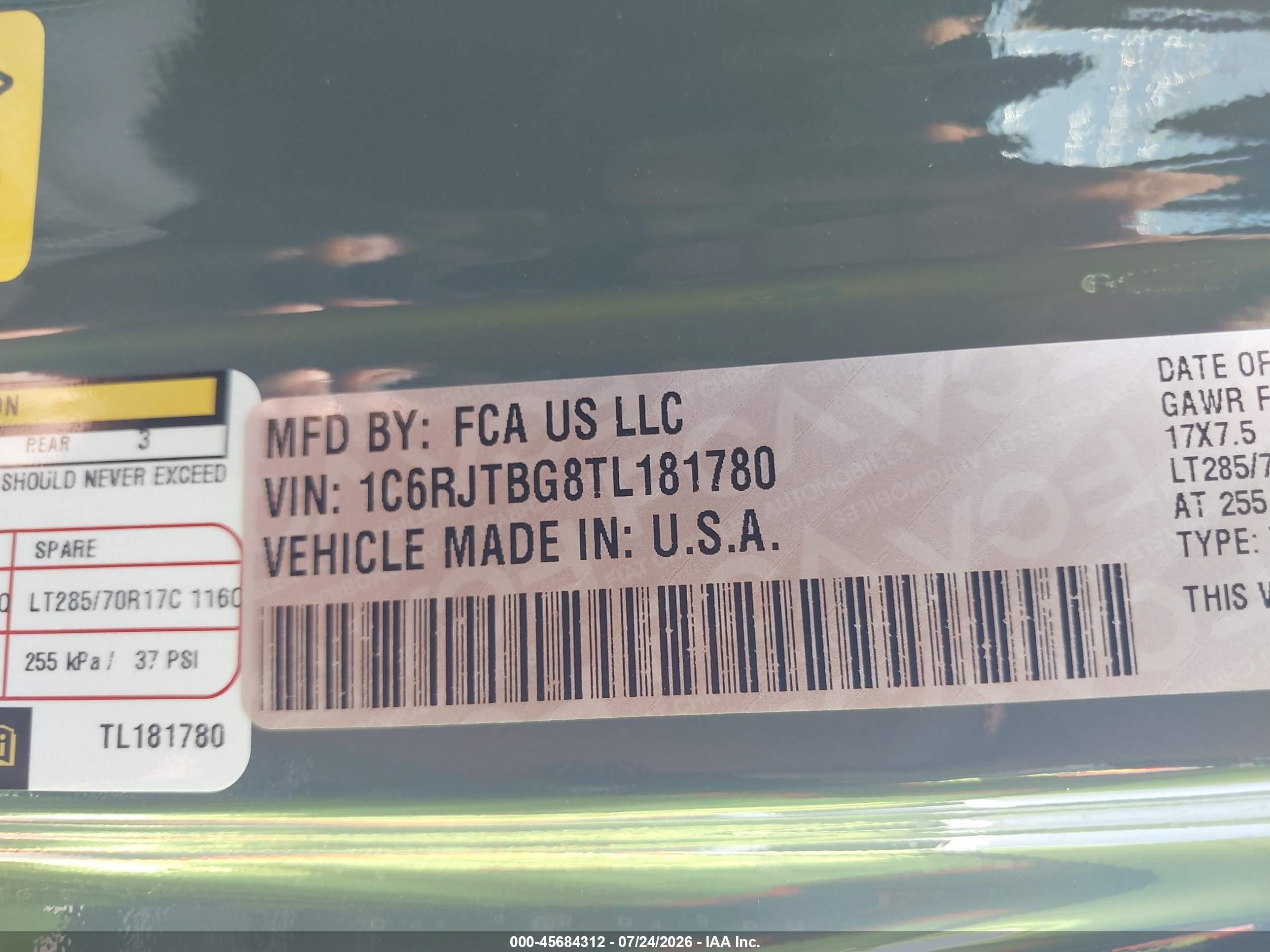 2026 Jeep Gladiator VIN 1C6RJTBG8TL181780 IAAI salvage auction — Rollover, Salvage (Arizona), sold $19,100 on 2026-08-25 (photo 9)