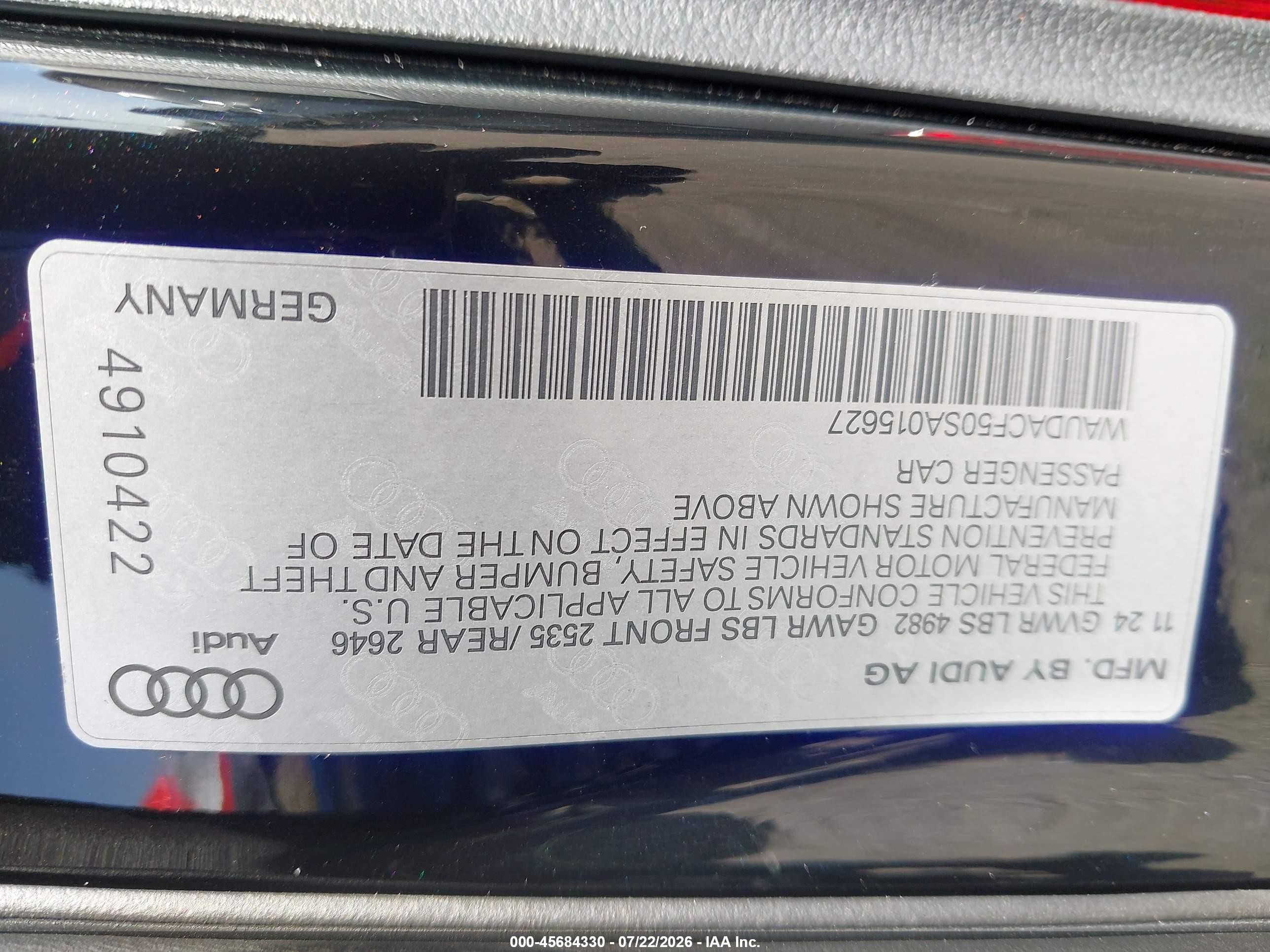 2025 Audi A5 VIN WAUDACF50SA015627 IAAI salvage auction — Rear End, Salvage (Texas), sold $13,100 on 2026-09-05 (photo 9)
